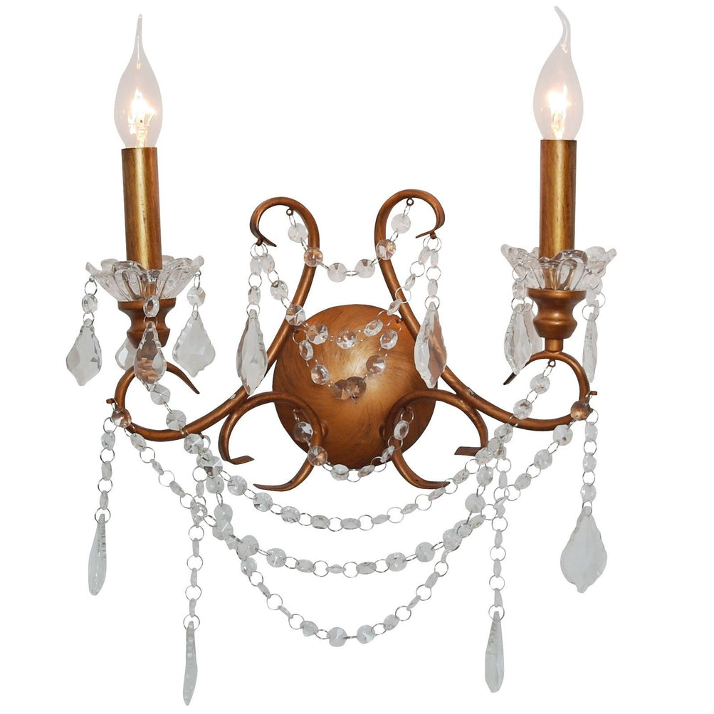 Antique Gold Colour 2 Arm Shallow Cut Glass Chandelier Style Wall Light