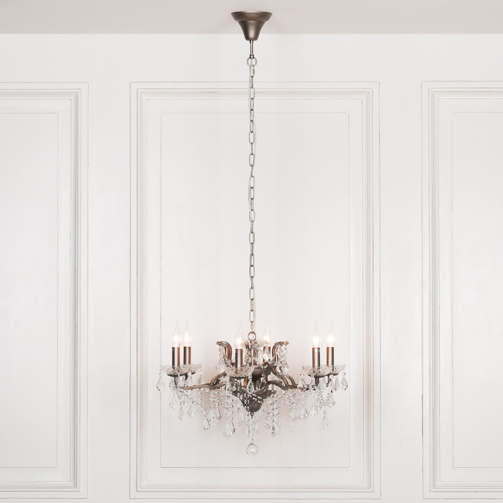 Antique Silver Colour 6 Arm French Style Shallow Cut Glass Chandelier