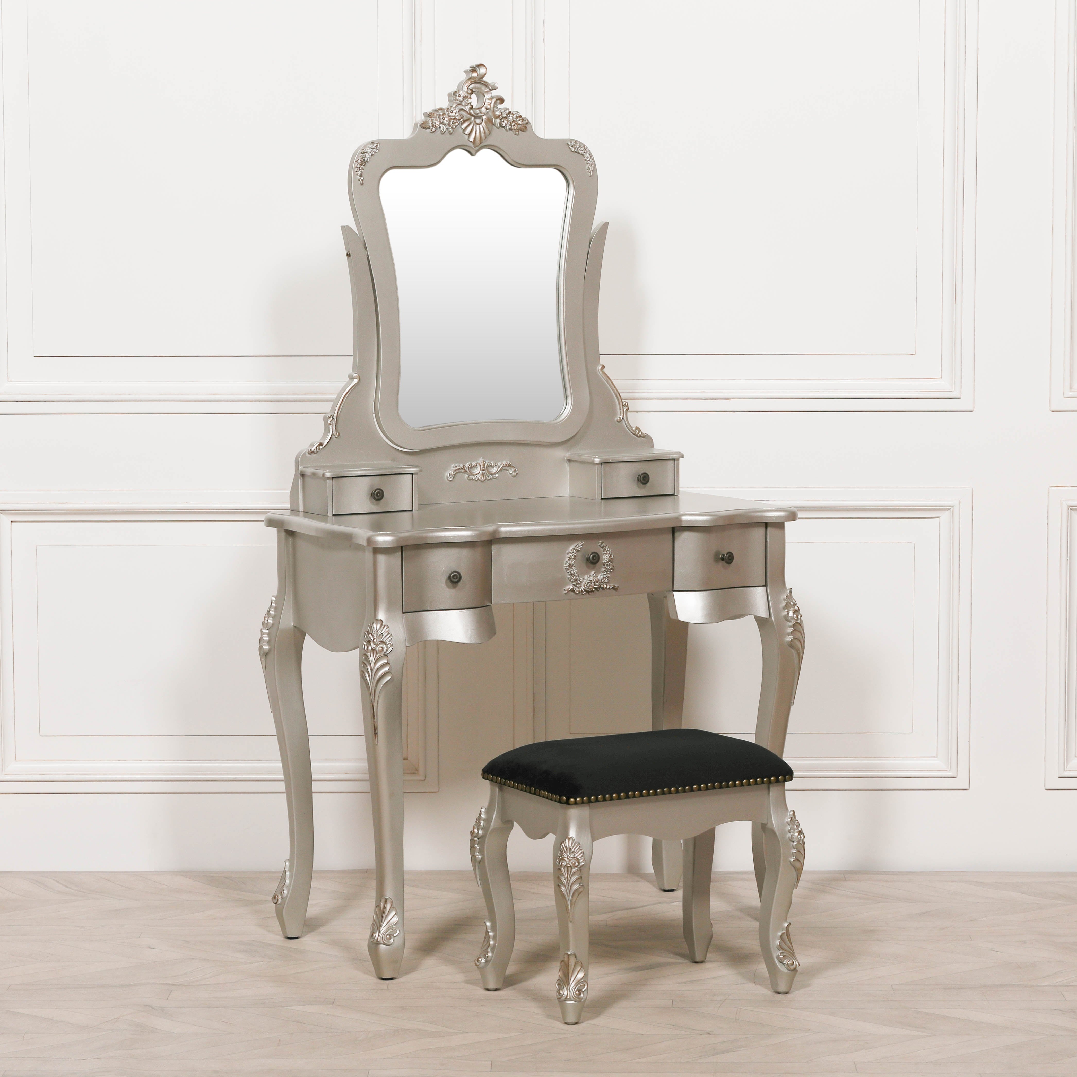 Rococo Baroque Style Antique Cream Dressing Table, Mirror and Stool