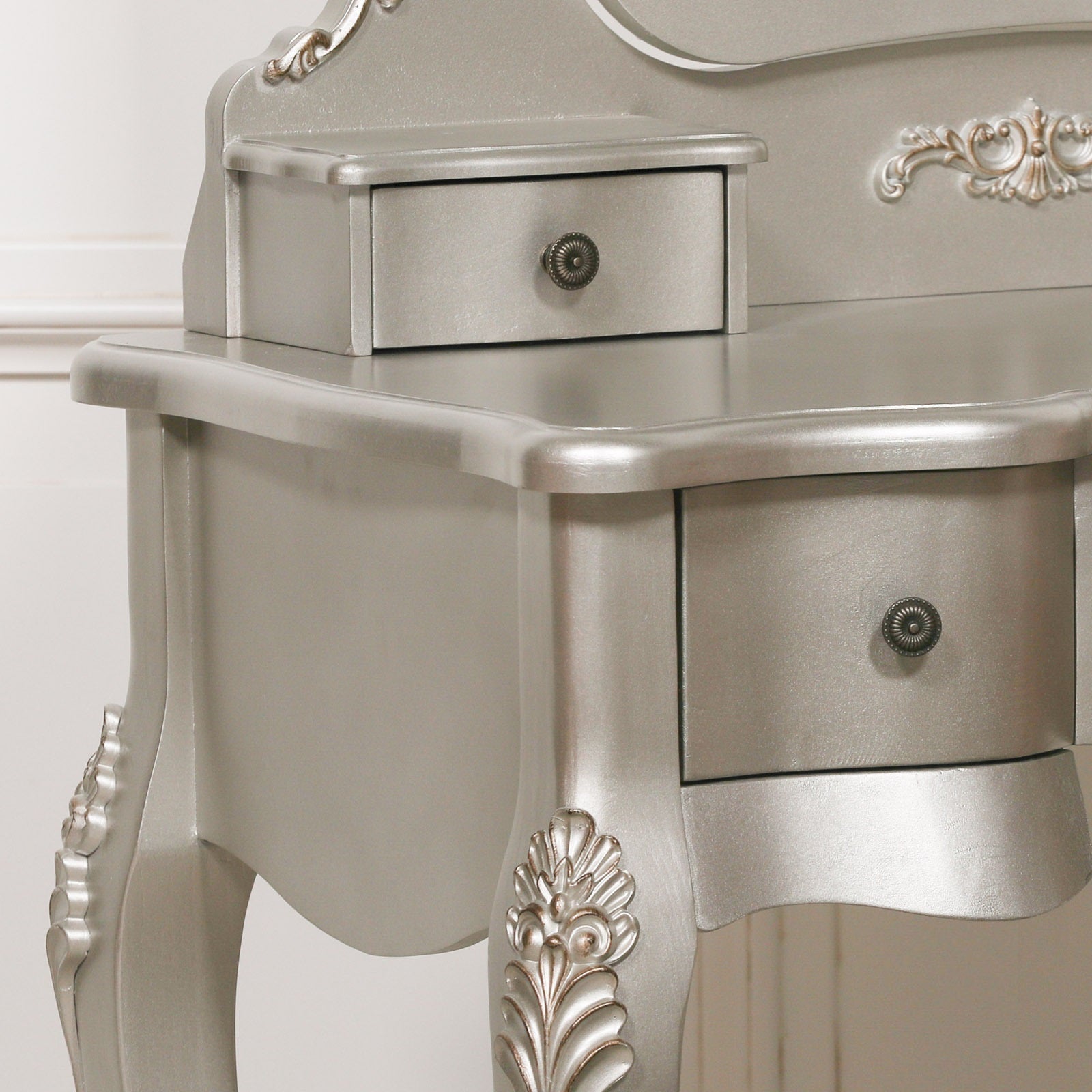 Rococo Baroque Style Antique Cream Dressing Table, Mirror and Stool