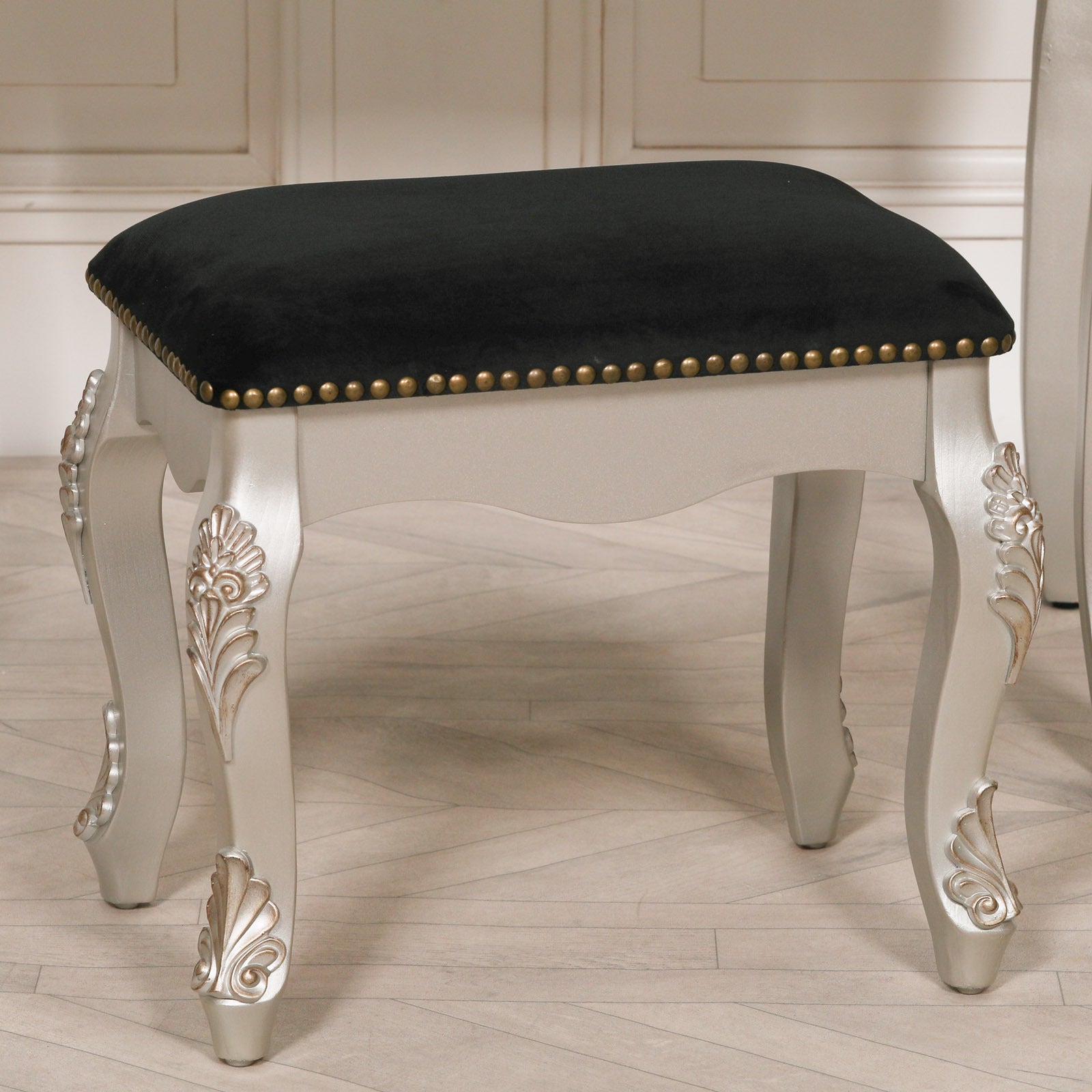 Rococo Baroque Style Antique Silver Dressing Table, Mirror and Stool