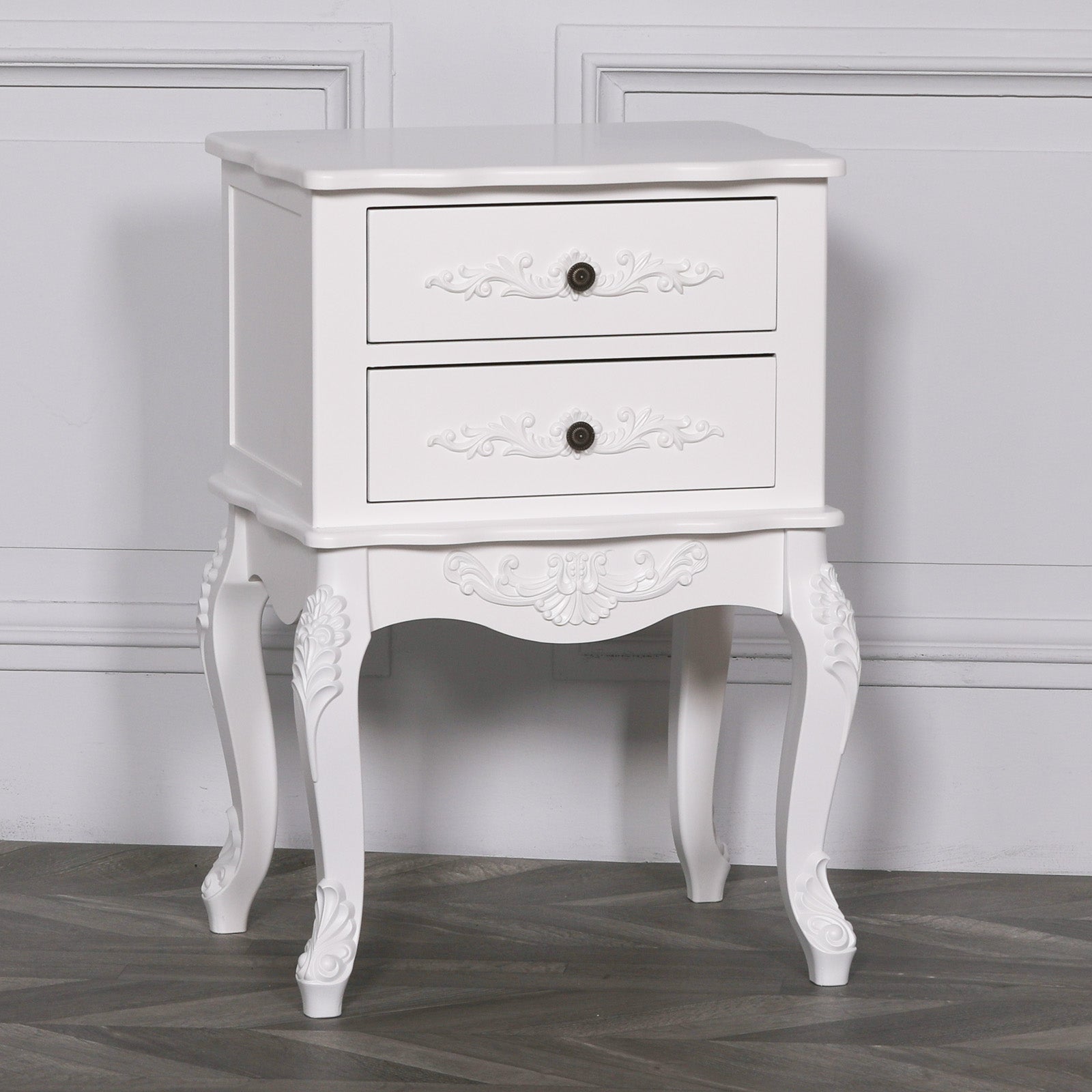French Chateau Style Carved Wood White Colour Bedside with 2 Drawers