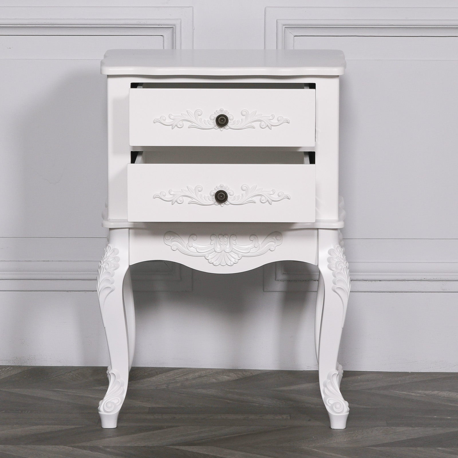 French Chateau Style Carved Wood White Colour Bedside with 2 Drawers