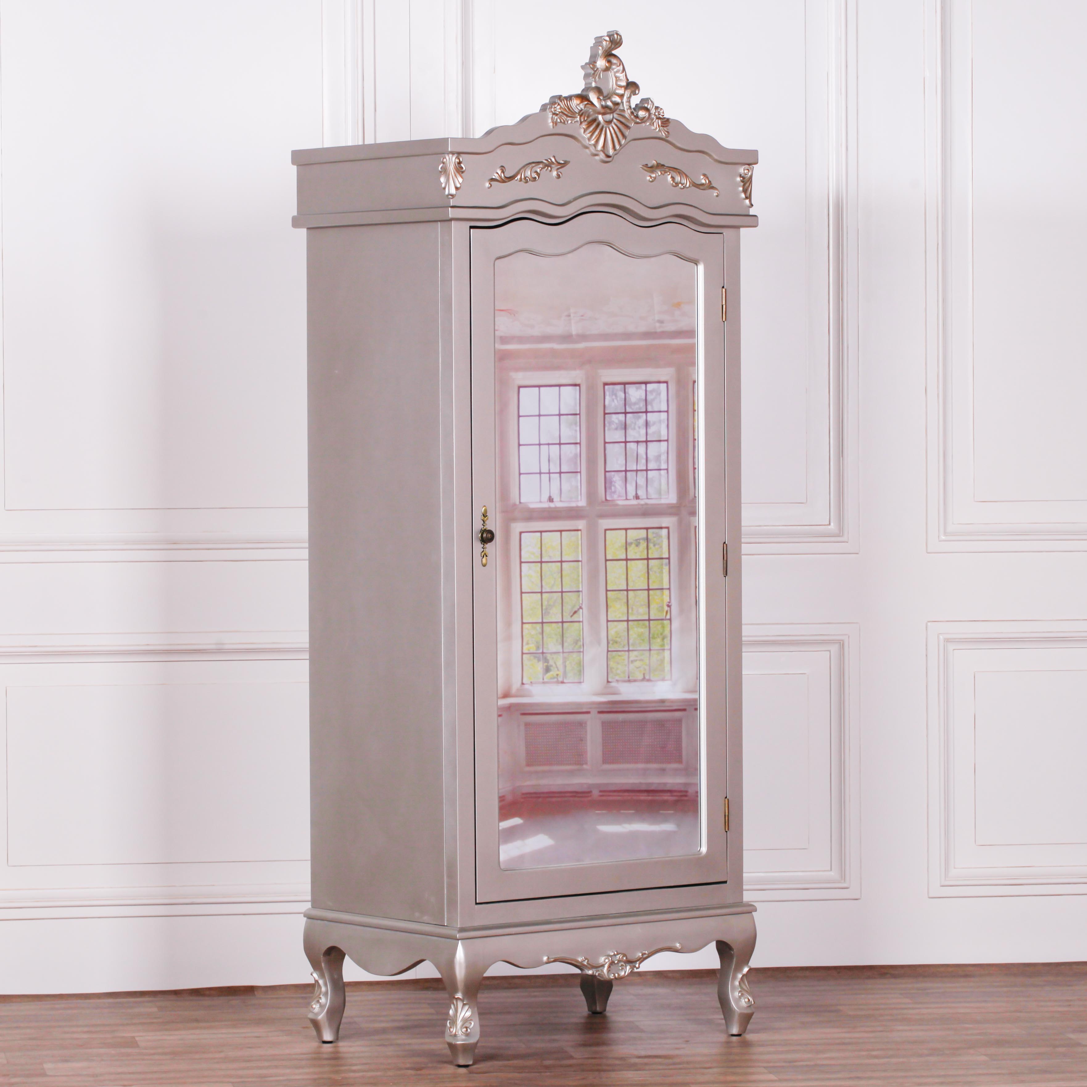French Rococo Style Hardwood Armoire With Mirrors and Drawers in Antique Silver Colour