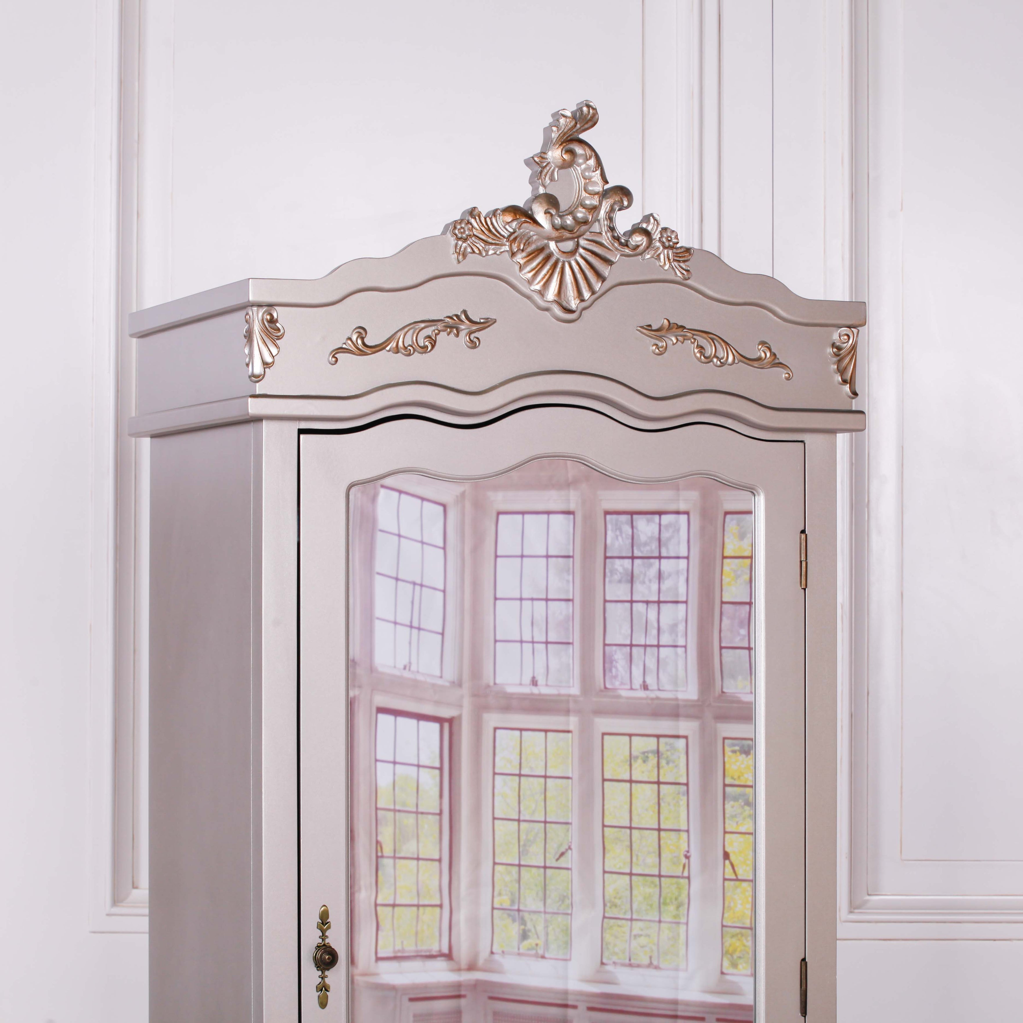 French Rococo Style Hardwood Armoire With Mirrors and Drawers in Antique Silver Colour