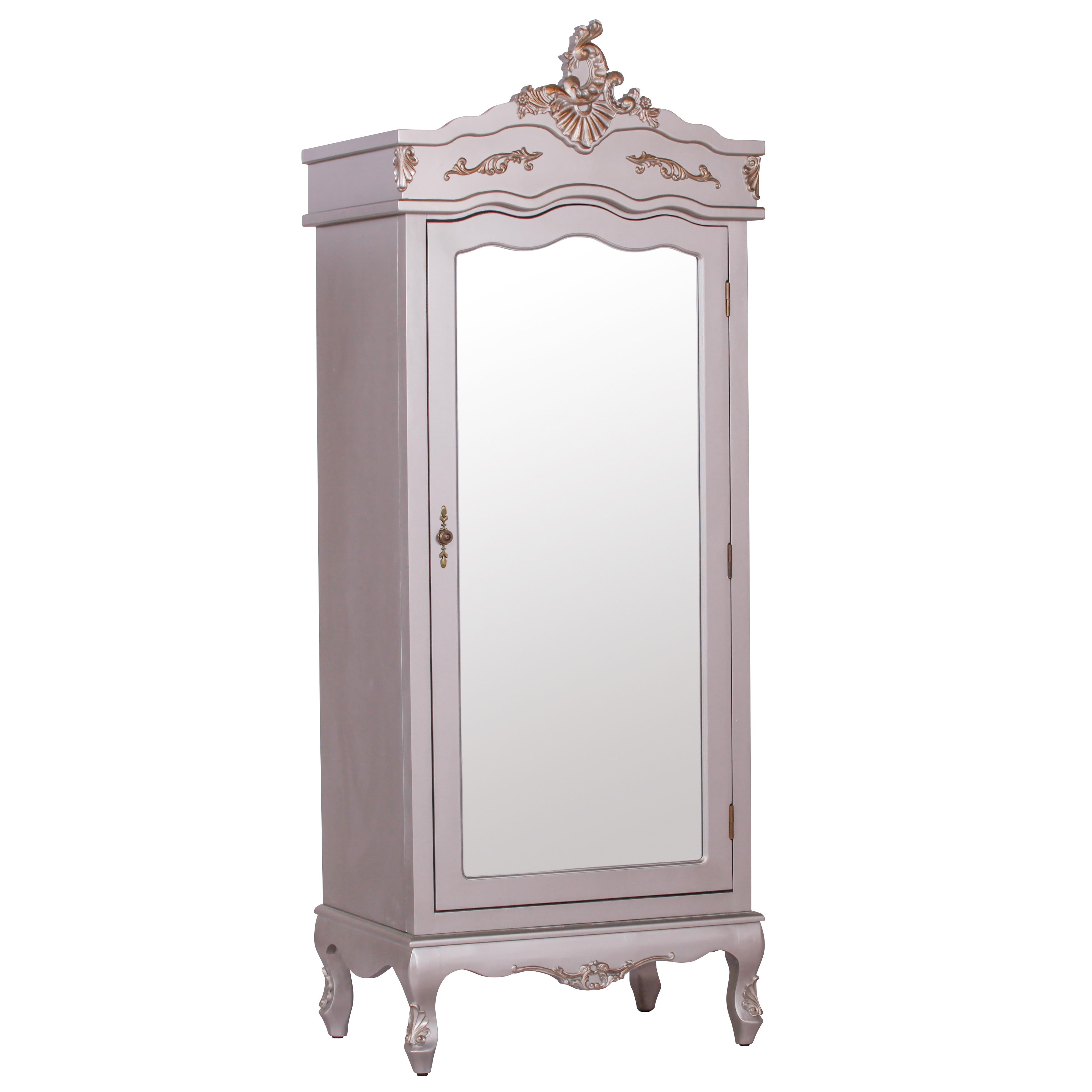 French Rococo Style Hardwood Armoire With Mirrors and Drawers in Antique Silver Colour