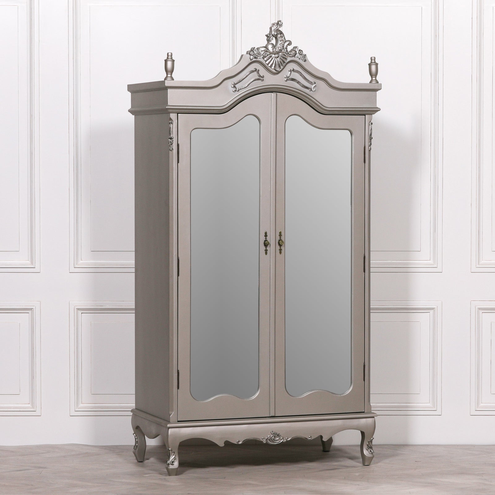 Large Double Size French Shabby Chic Style Carved Hardwood Armoire With Mirrors in Antique Silver Colour