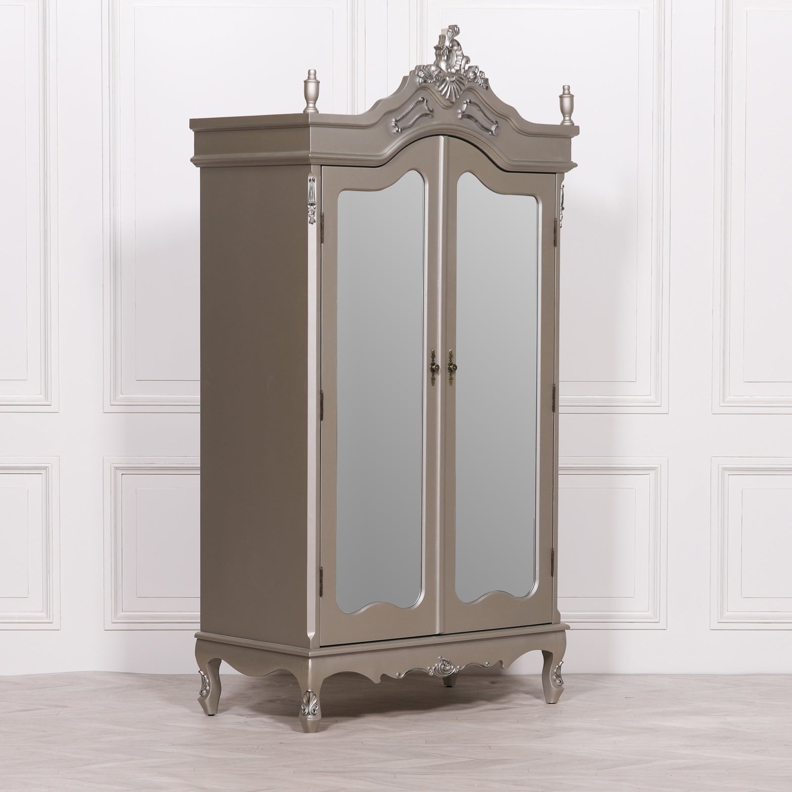 Large Double Size French Shabby Chic Style Carved Hardwood Armoire With Mirrors in Antique Silver Colour