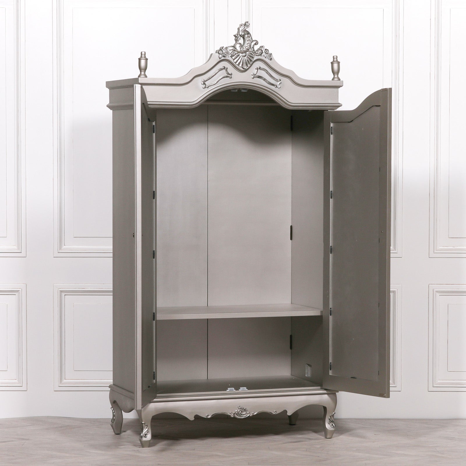 Large Double Size French Shabby Chic Style Carved Hardwood Armoire With Mirrors in Antique Silver Colour