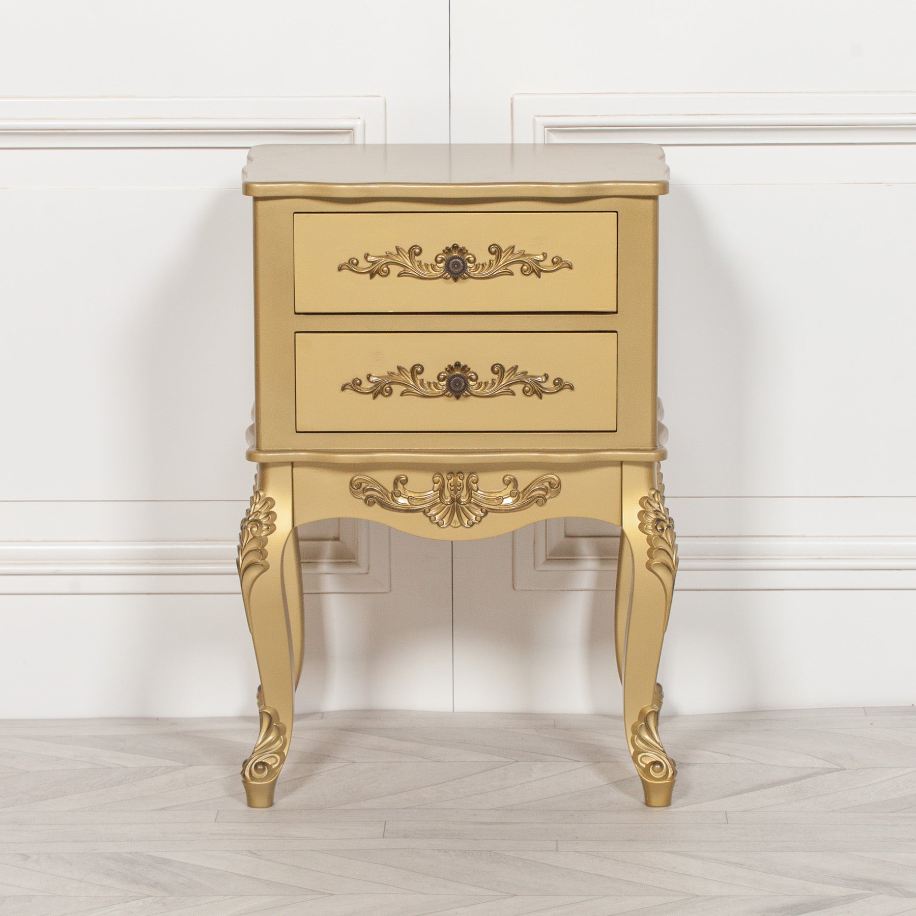 French Shabby Chic Style Antique Gold Colour Carved 2 Drawer Bedside