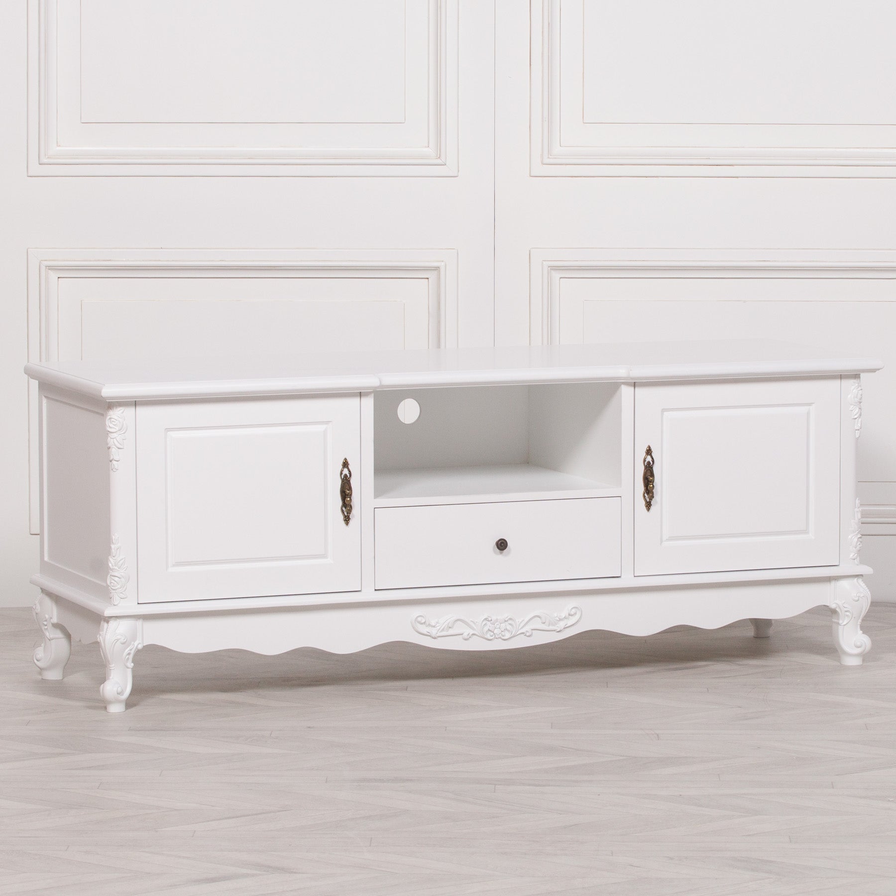 Shabby Chic Style White Colour Large Television Stand Cabinet TV Unit