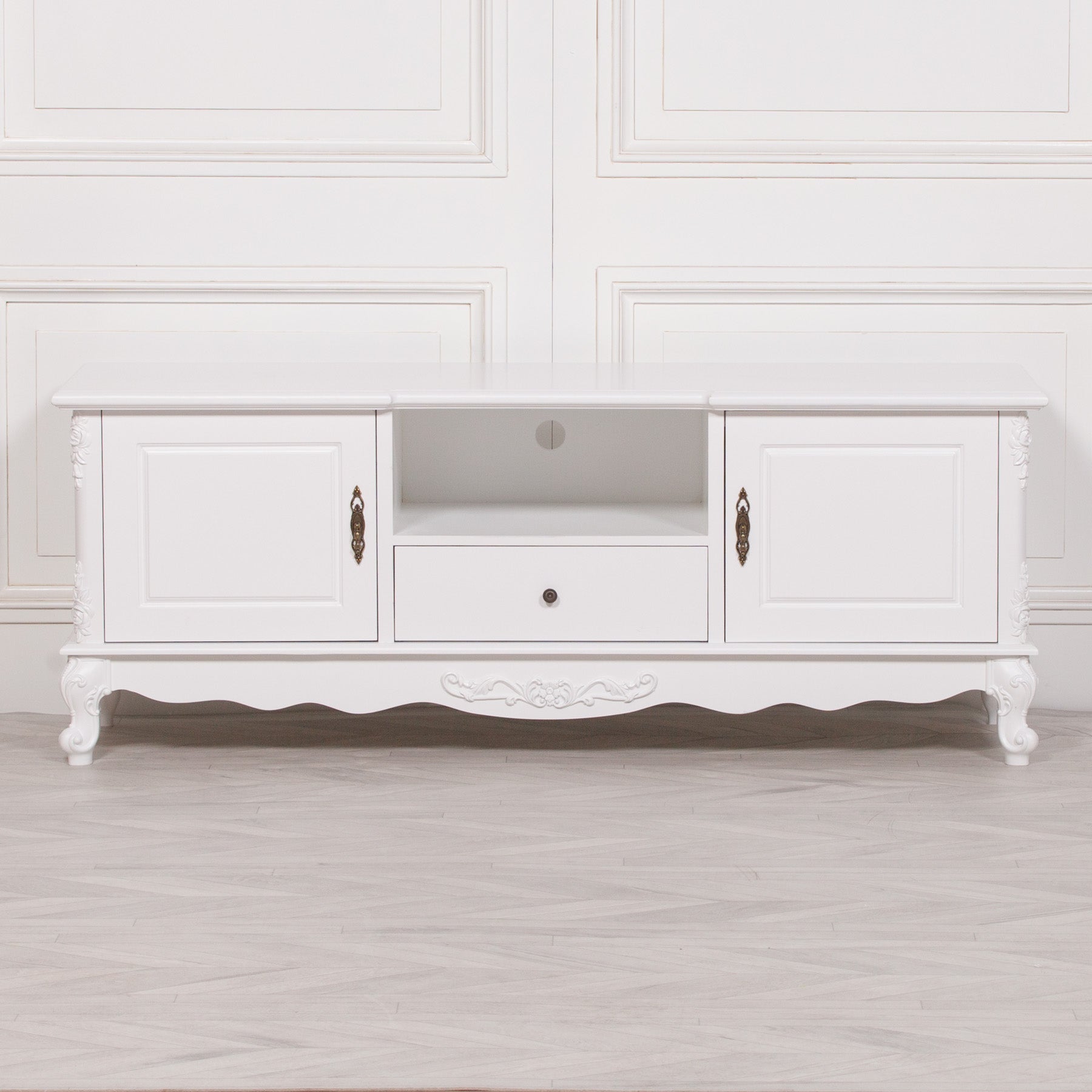 Shabby Chic Style White Colour Large Television Stand Cabinet TV Unit