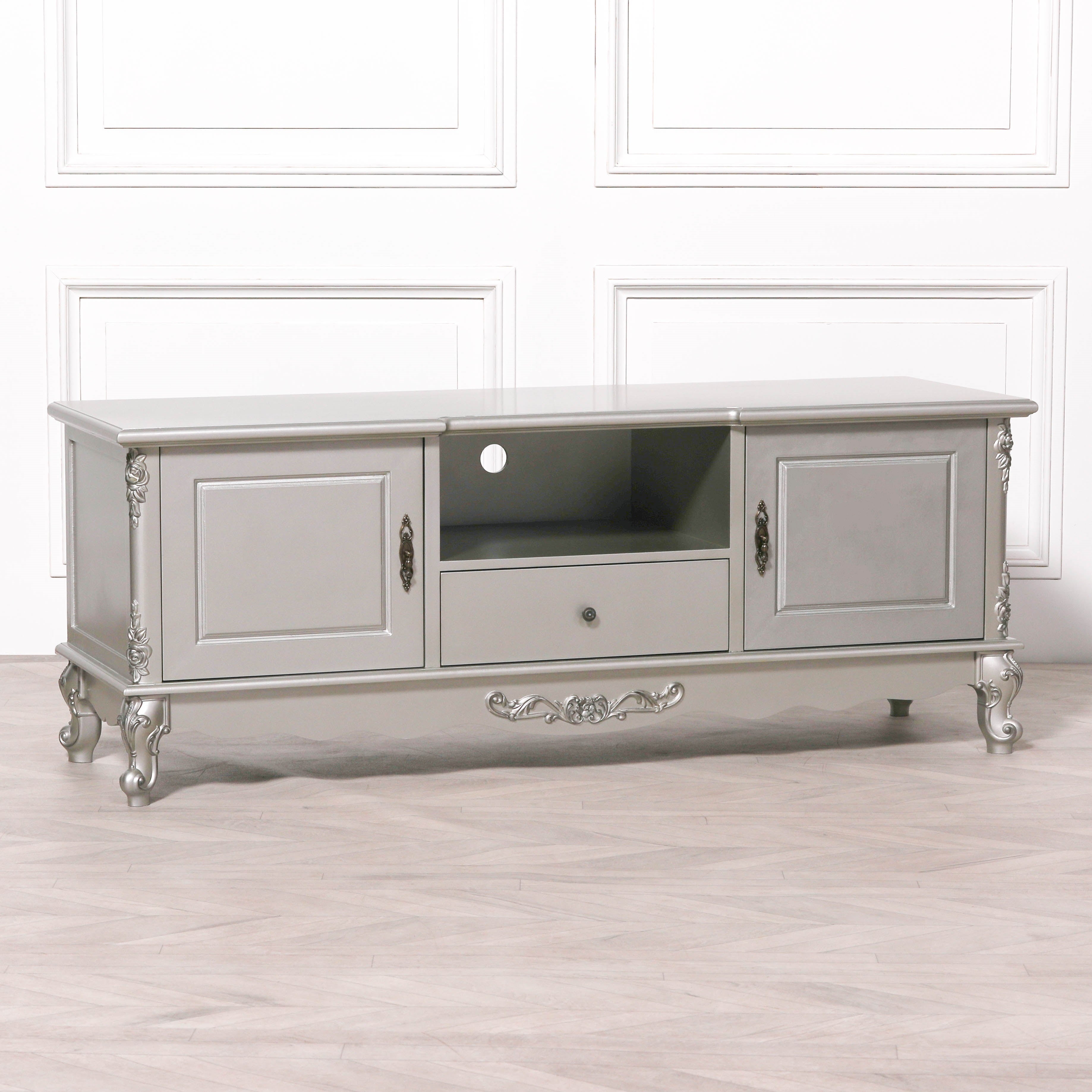 French Painted Antique Carved Silver Large Cabinet Tv Unit