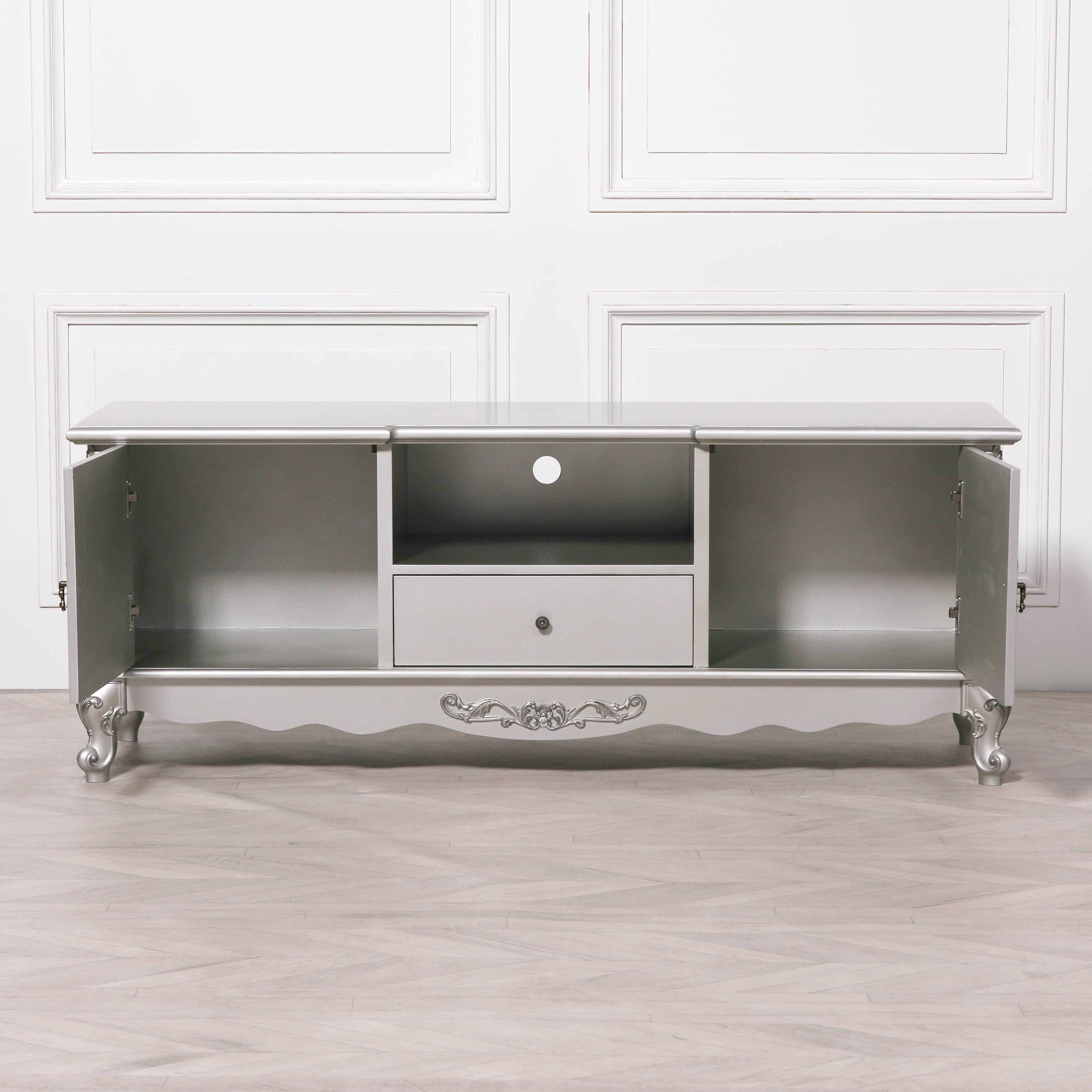 French Painted Antique Carved Silver Large Cabinet Tv Unit