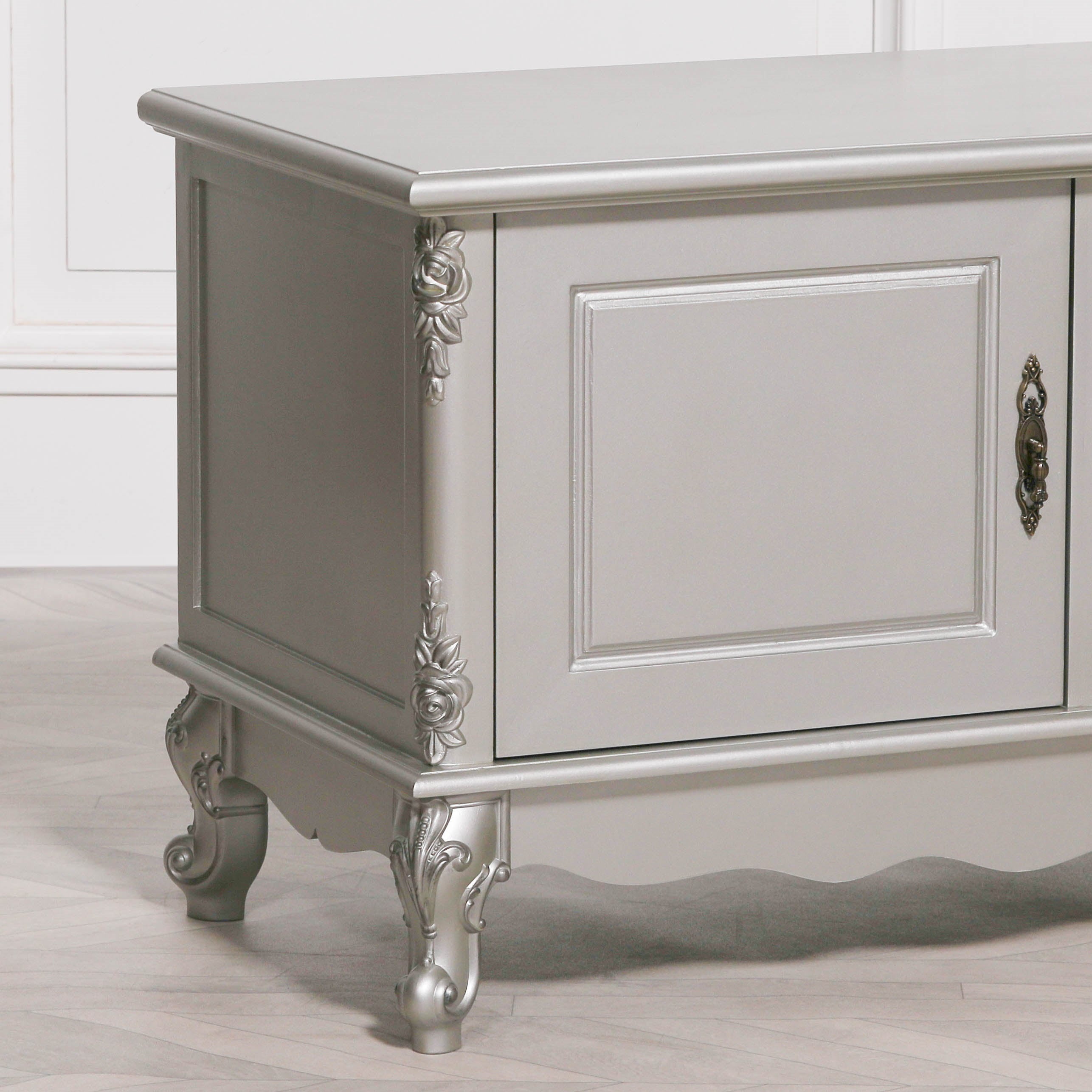 French Painted Antique Carved Silver Large Cabinet Tv Unit