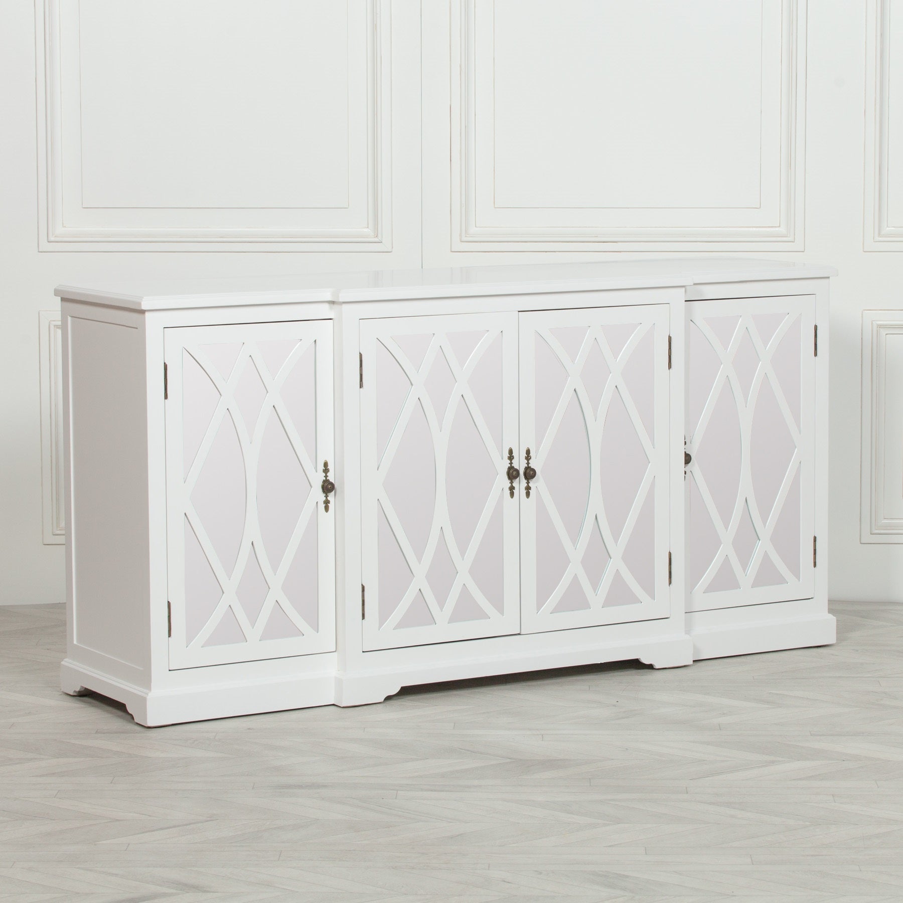 Colonial Style Breakfront Wooden White Painted 4 door Mirrored Buffet Sideboard