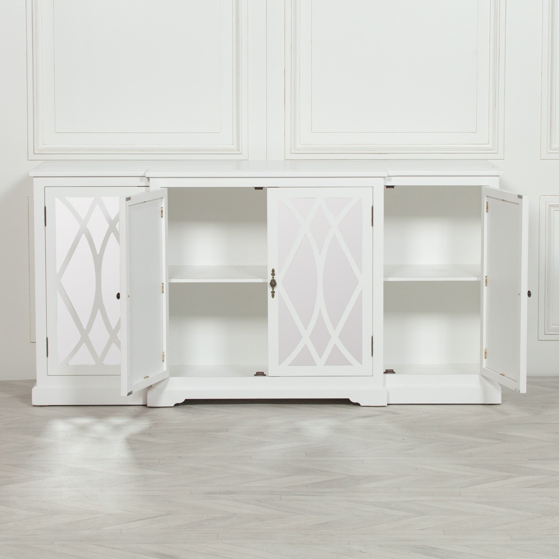 Colonial Style Breakfront Wooden White Painted 4 door Mirrored Buffet Sideboard