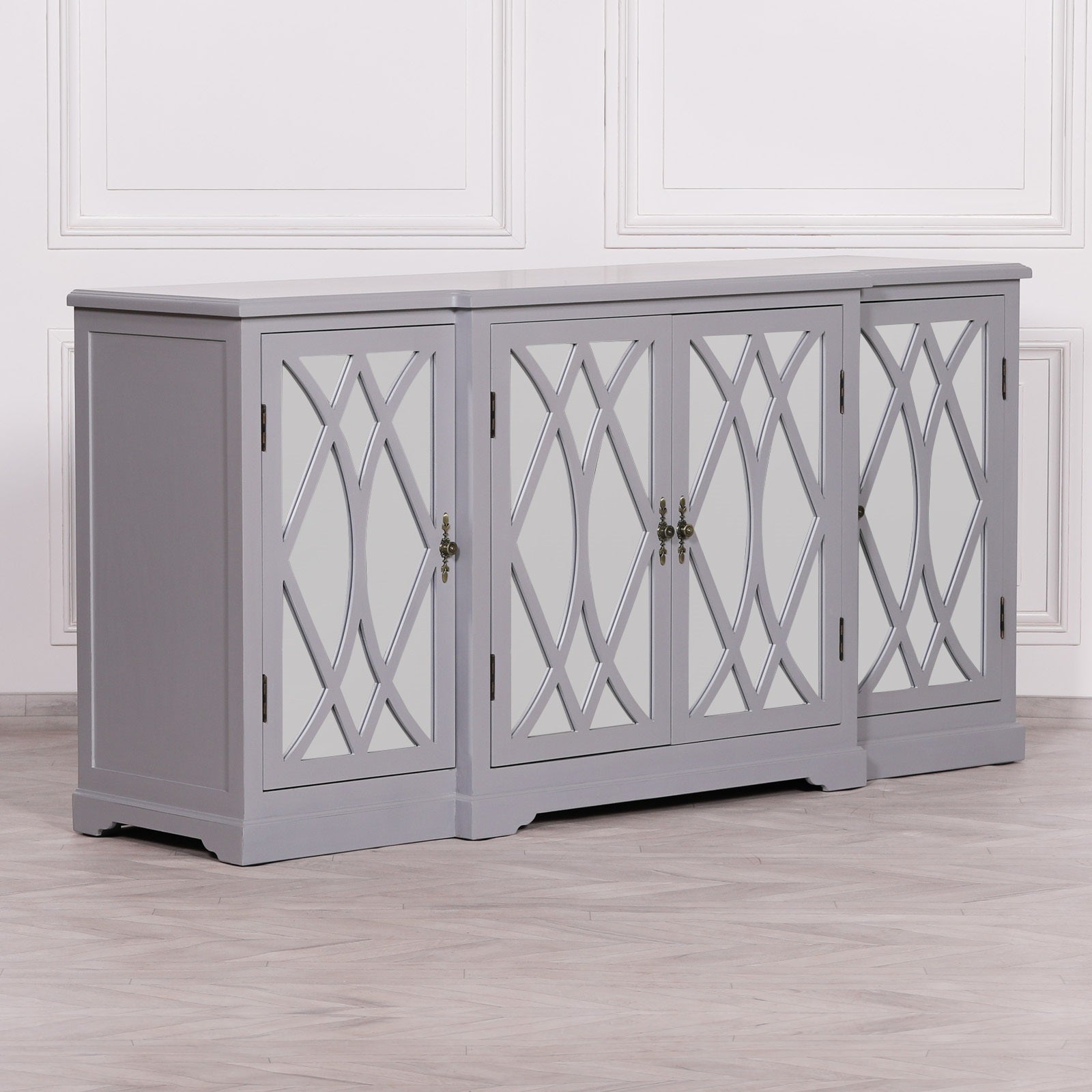 Colonial Style Breakfront Wooden Grey Painted 4 door Mirrored Buffet Sideboard