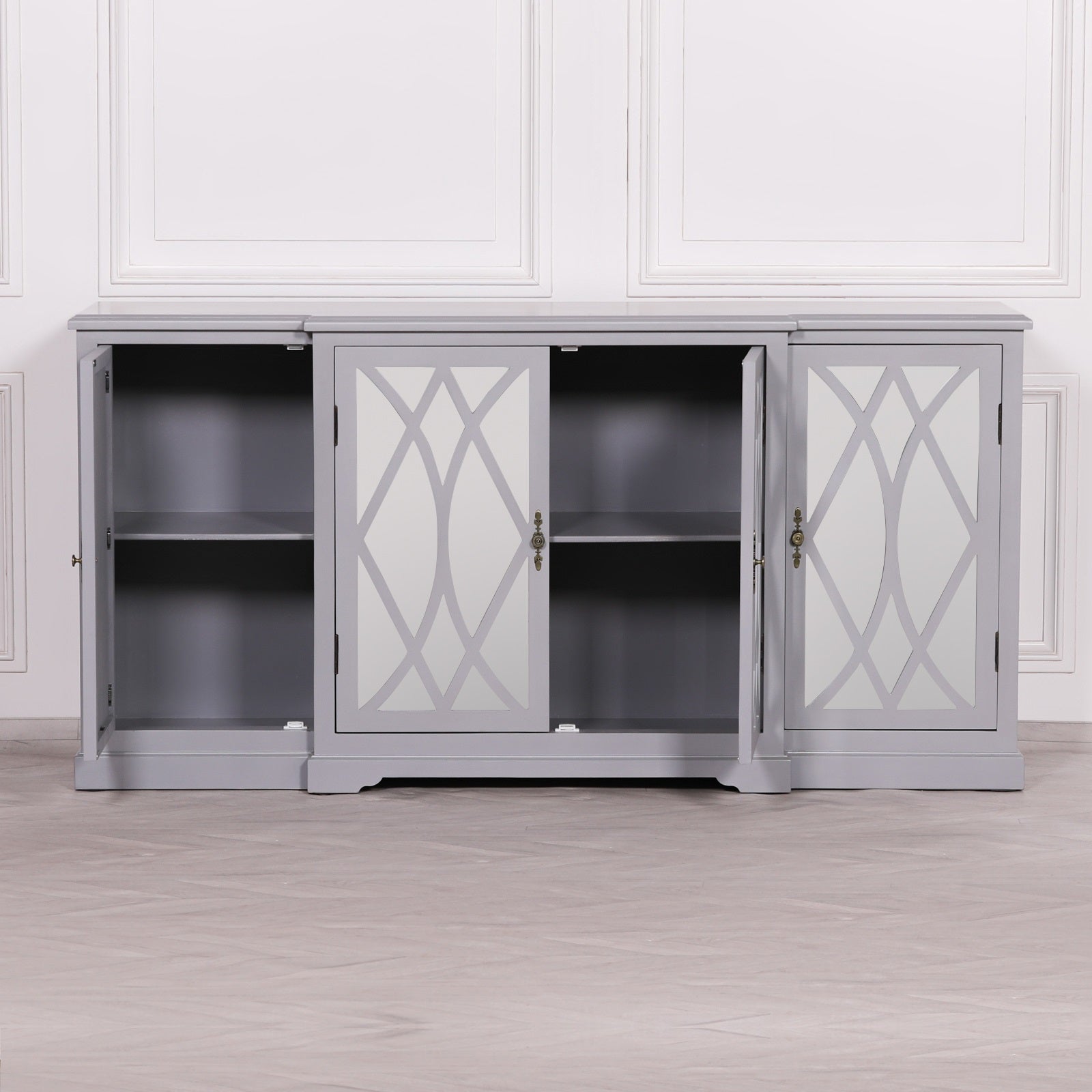 Colonial Style Breakfront Wooden Grey Painted 4 door Mirrored Buffet Sideboard