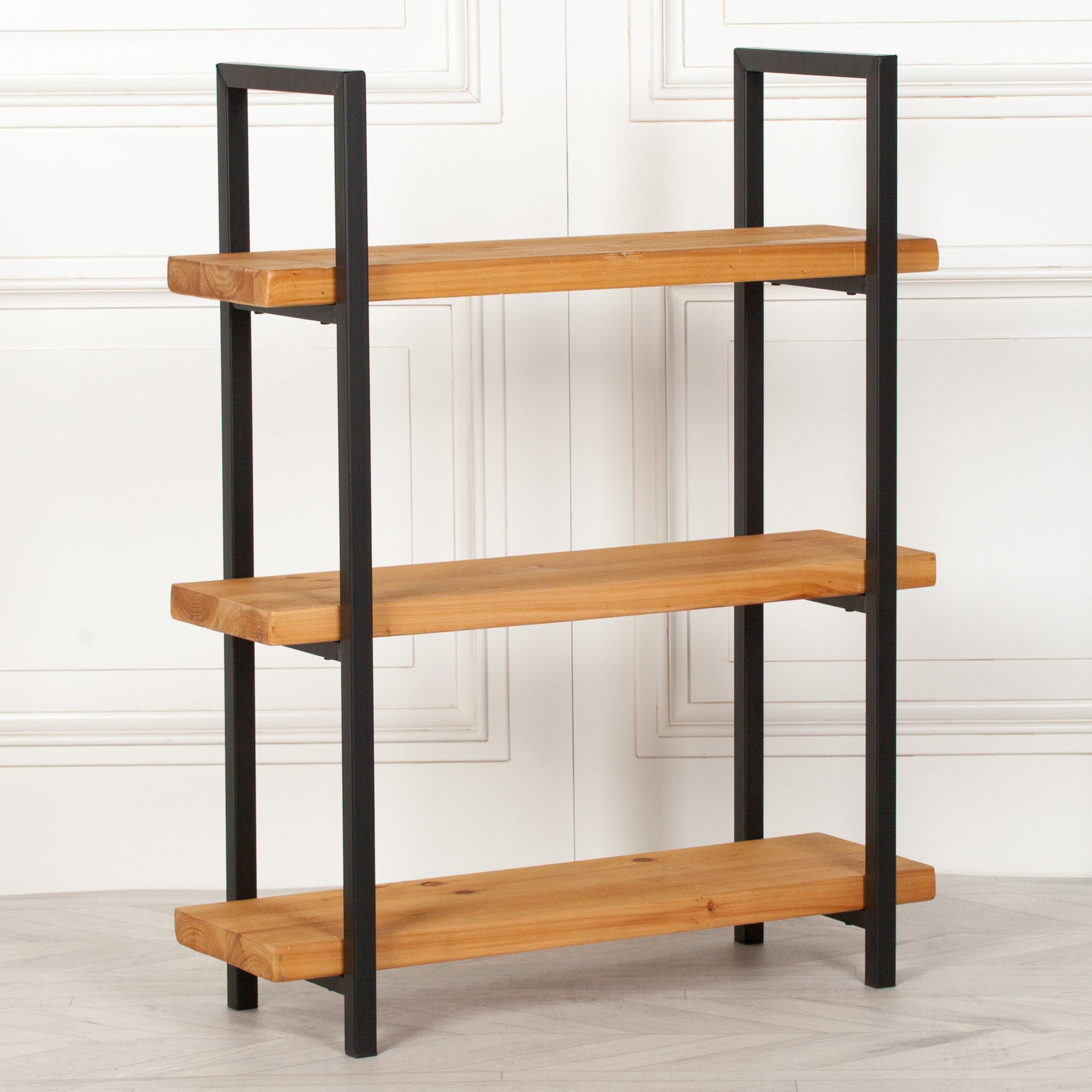 Pine Wood & Metal 3 Tier Industrial Style Bookcase Shelving Unit
