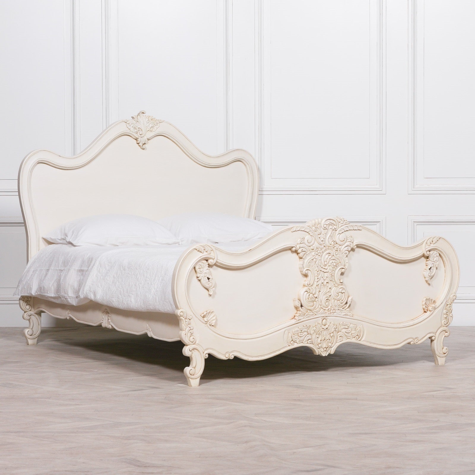 French Antique Style Ivory White Colour Carved Ornate 5ft King Size Bed