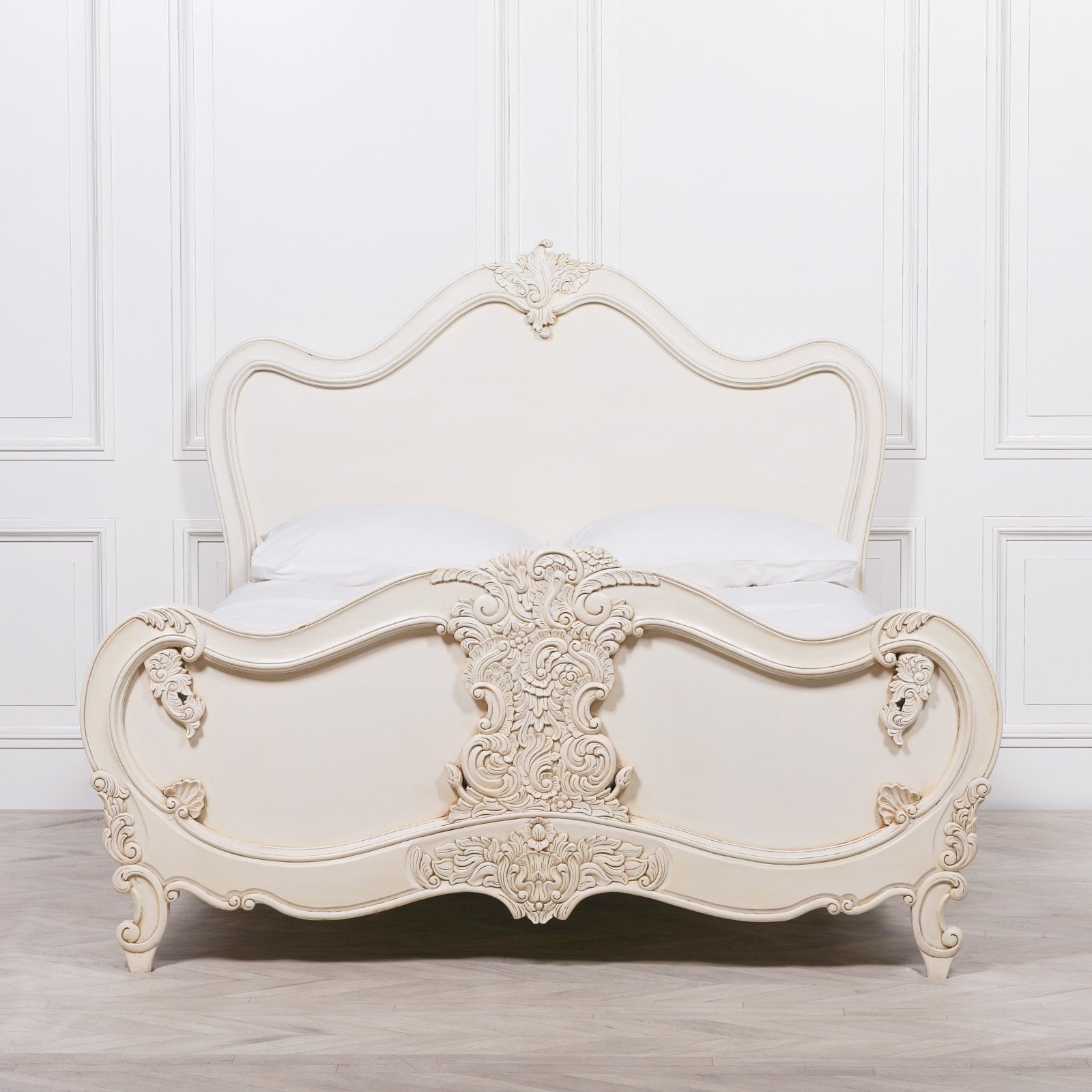 French Antique Style Ivory White Colour Carved Ornate 5ft King Size Bed