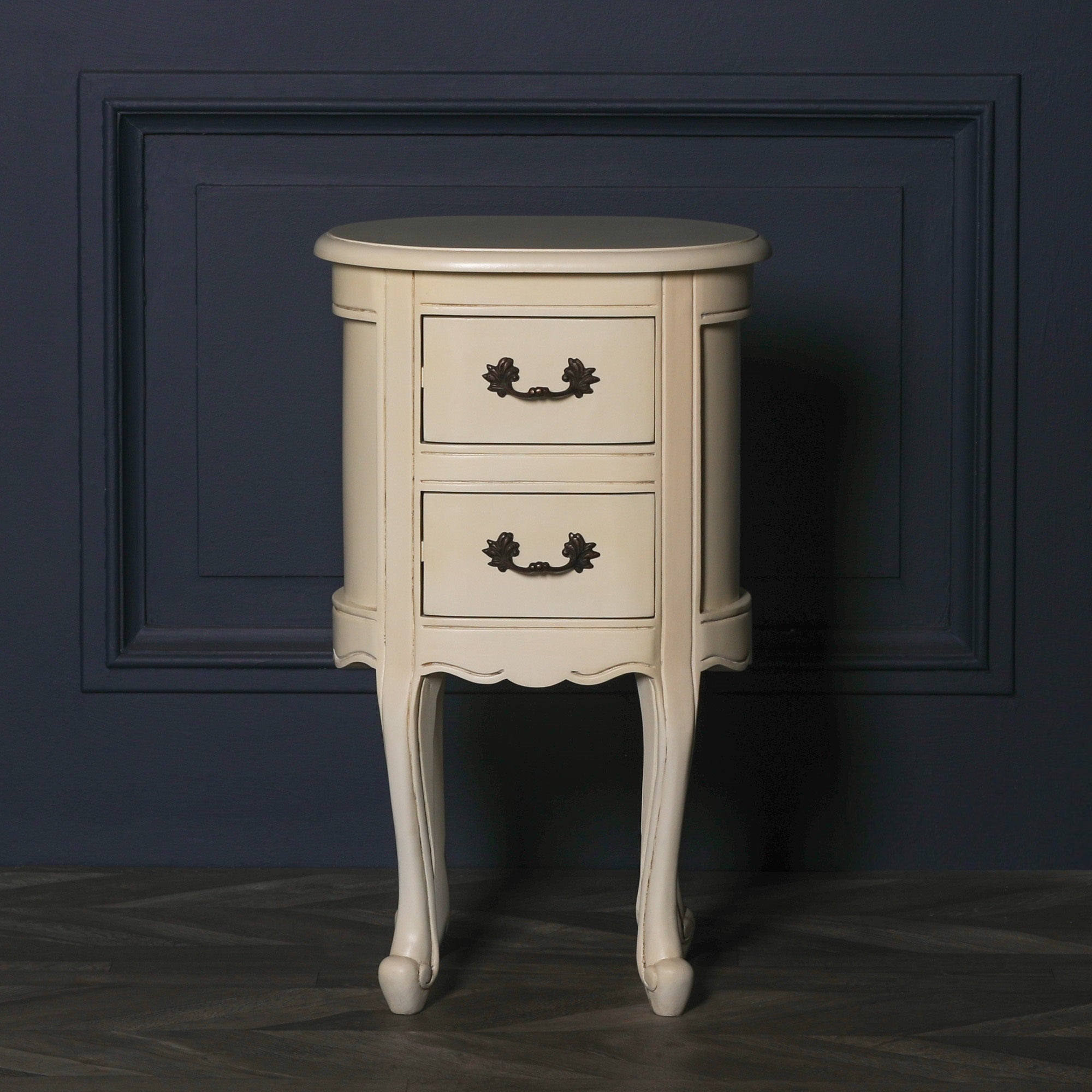 French Style Carved 2 Drawer Wooden Aged Ivory Colour Oval Bedside Table