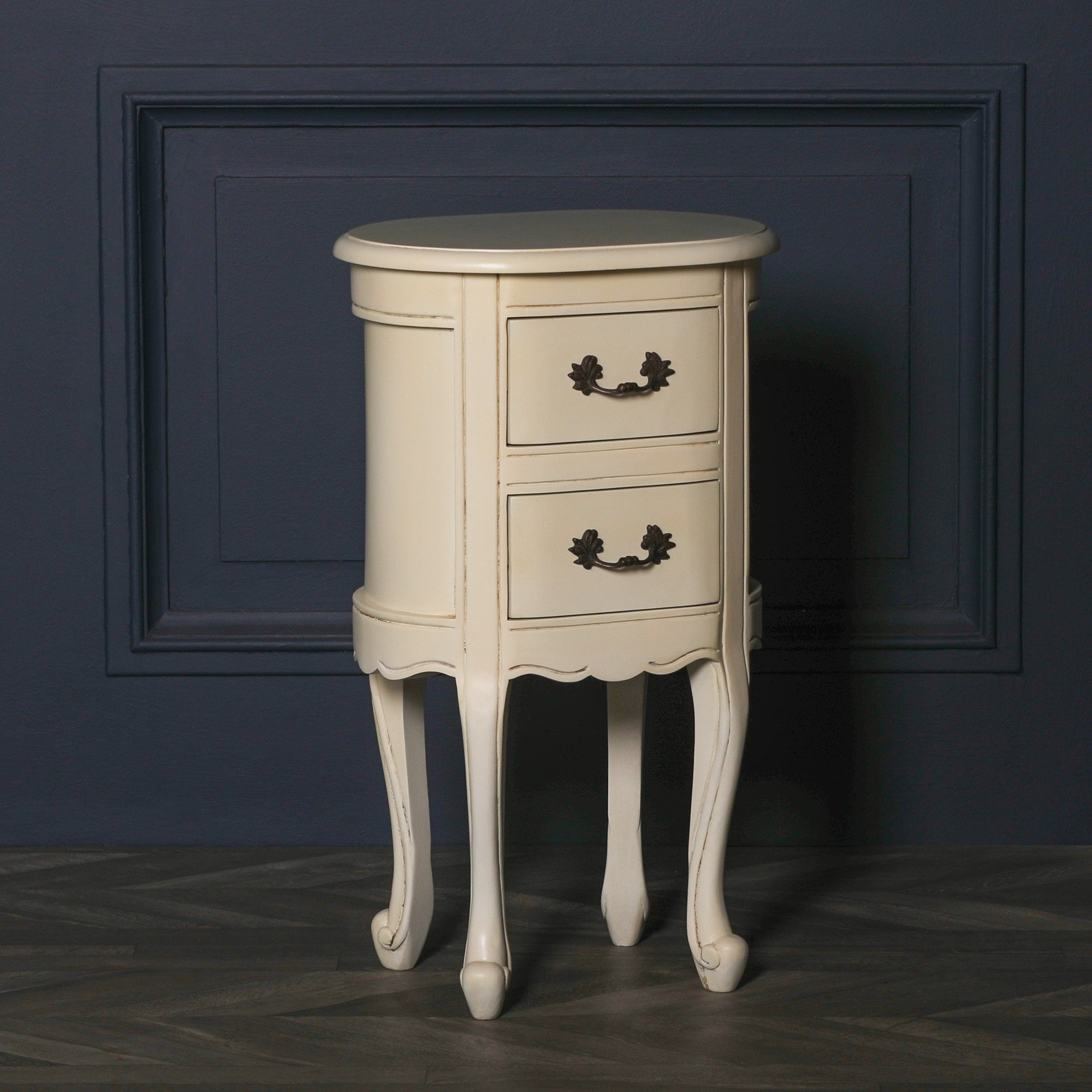 French Style Carved 2 Drawer Wooden Aged Ivory Colour Oval Bedside Table