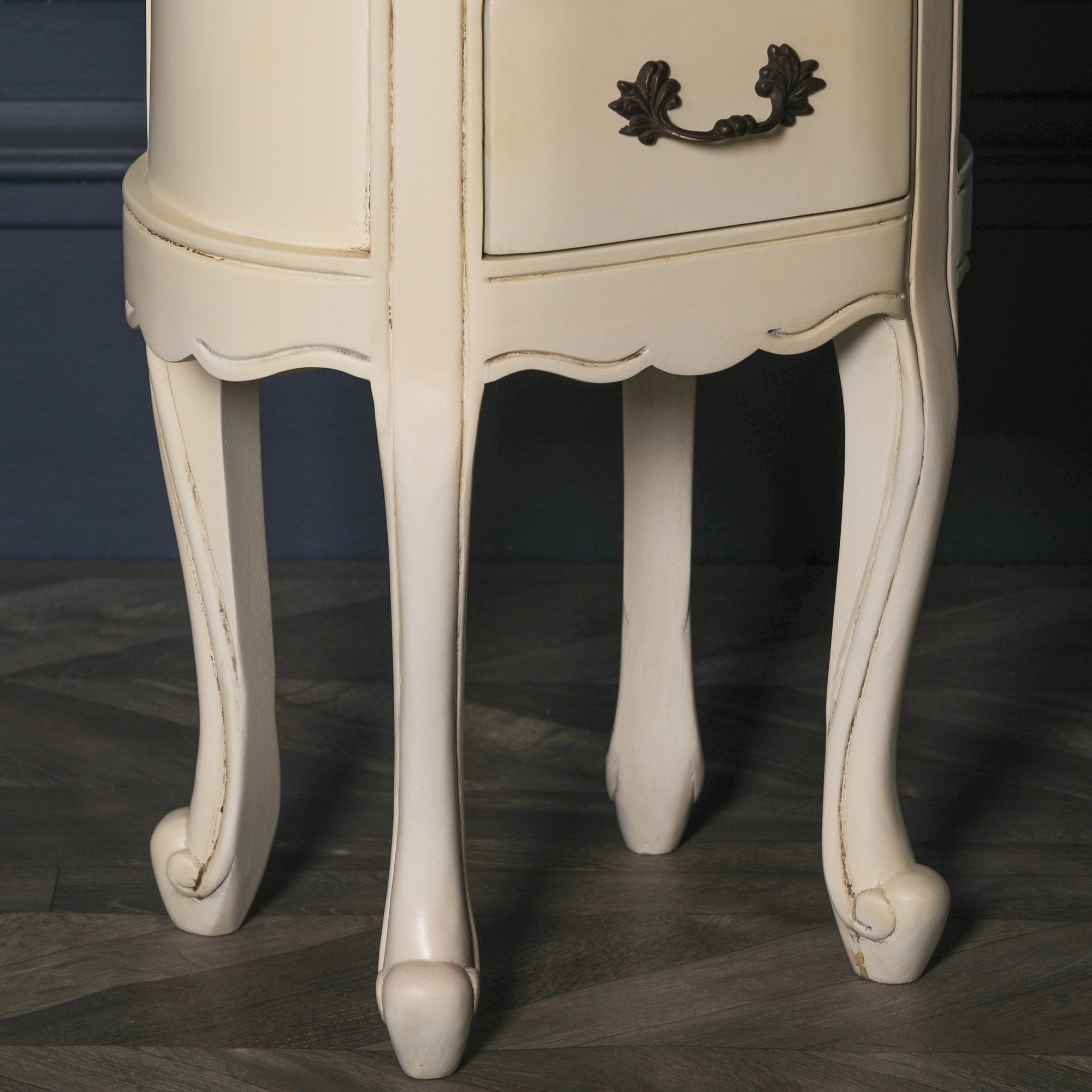 French Style Carved 2 Drawer Wooden Aged Ivory Colour Oval Bedside Table