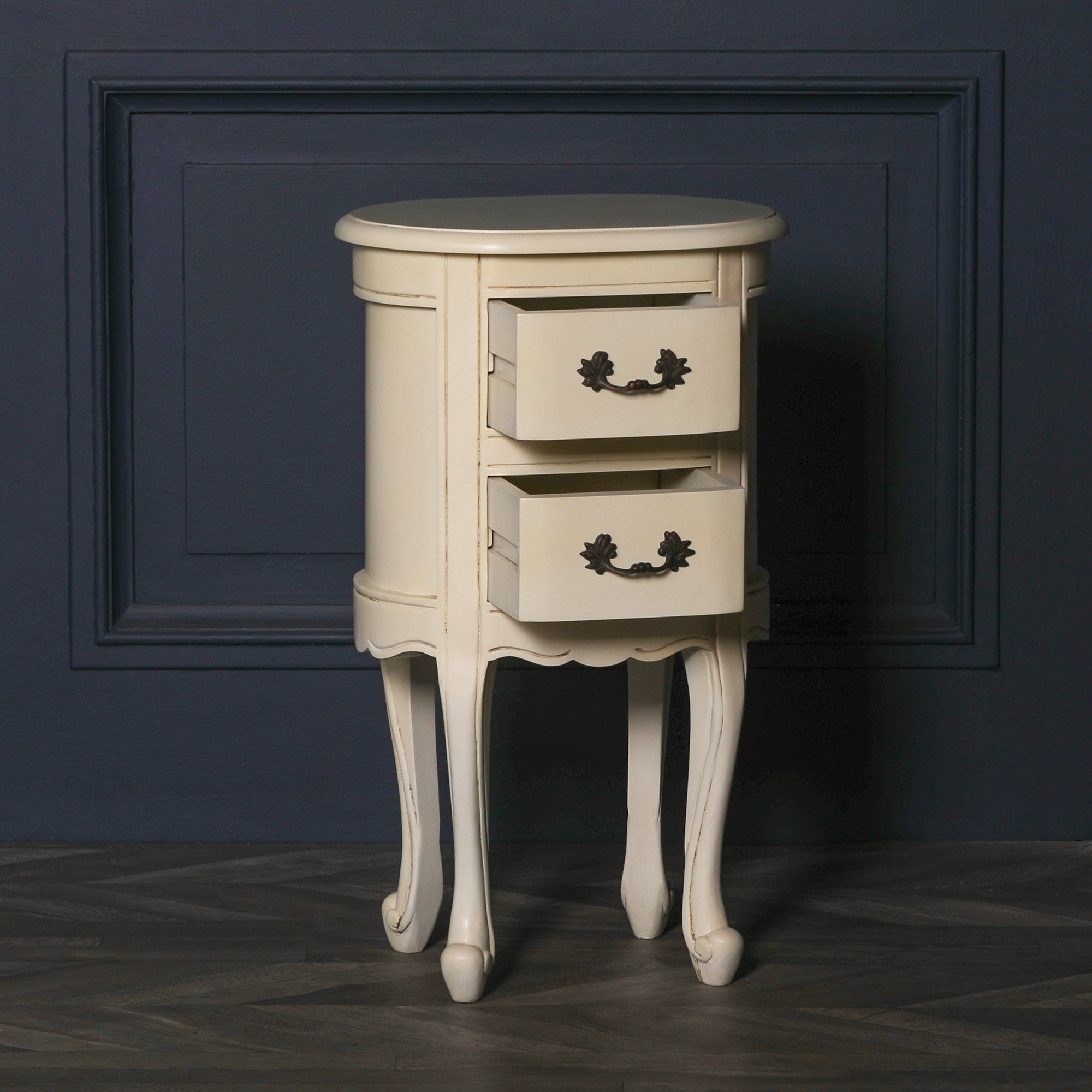 French Style Carved 2 Drawer Wooden Aged Ivory Colour Oval Bedside Table