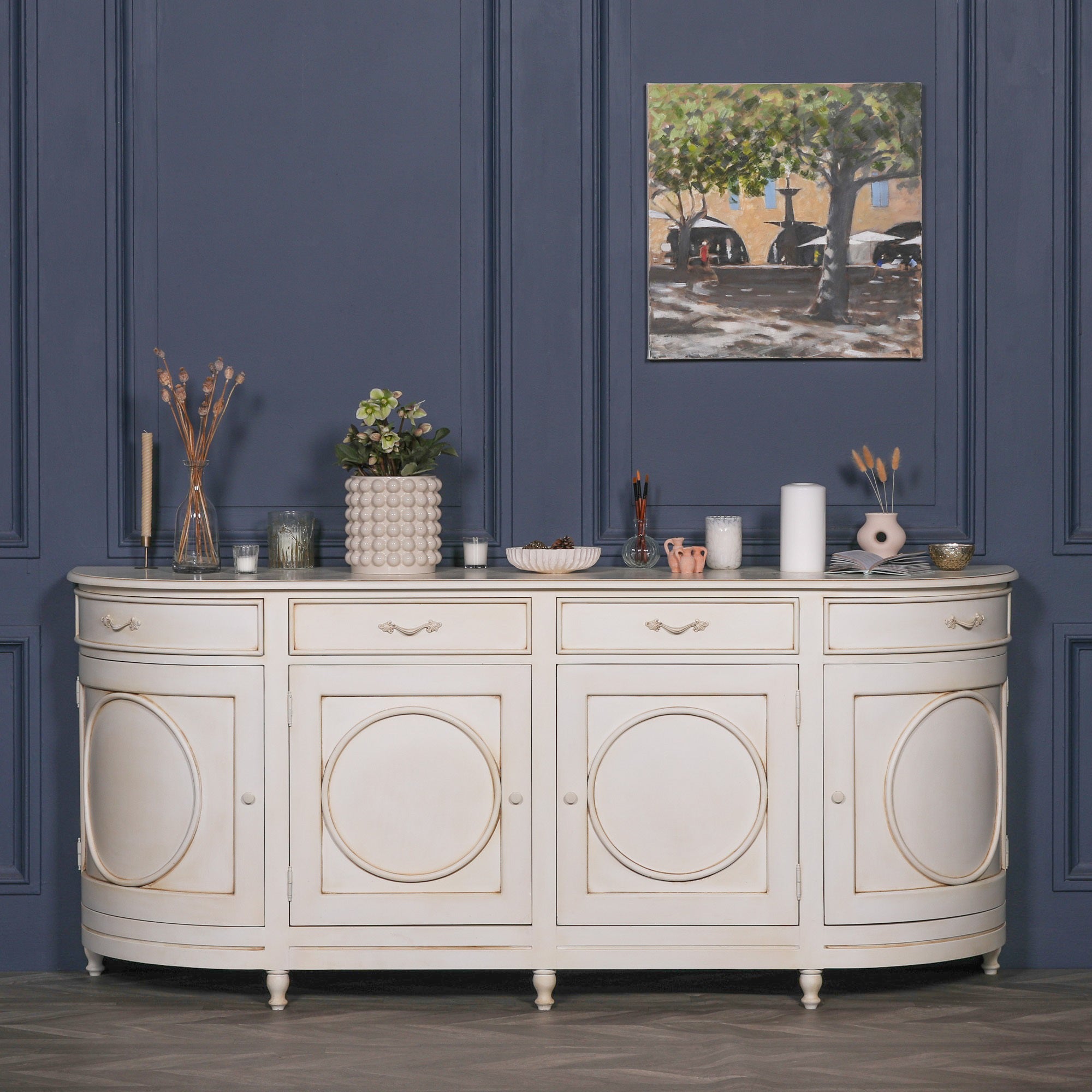 Large French Country Style Aged Ivory Colour Mahogany Wood Sideboard