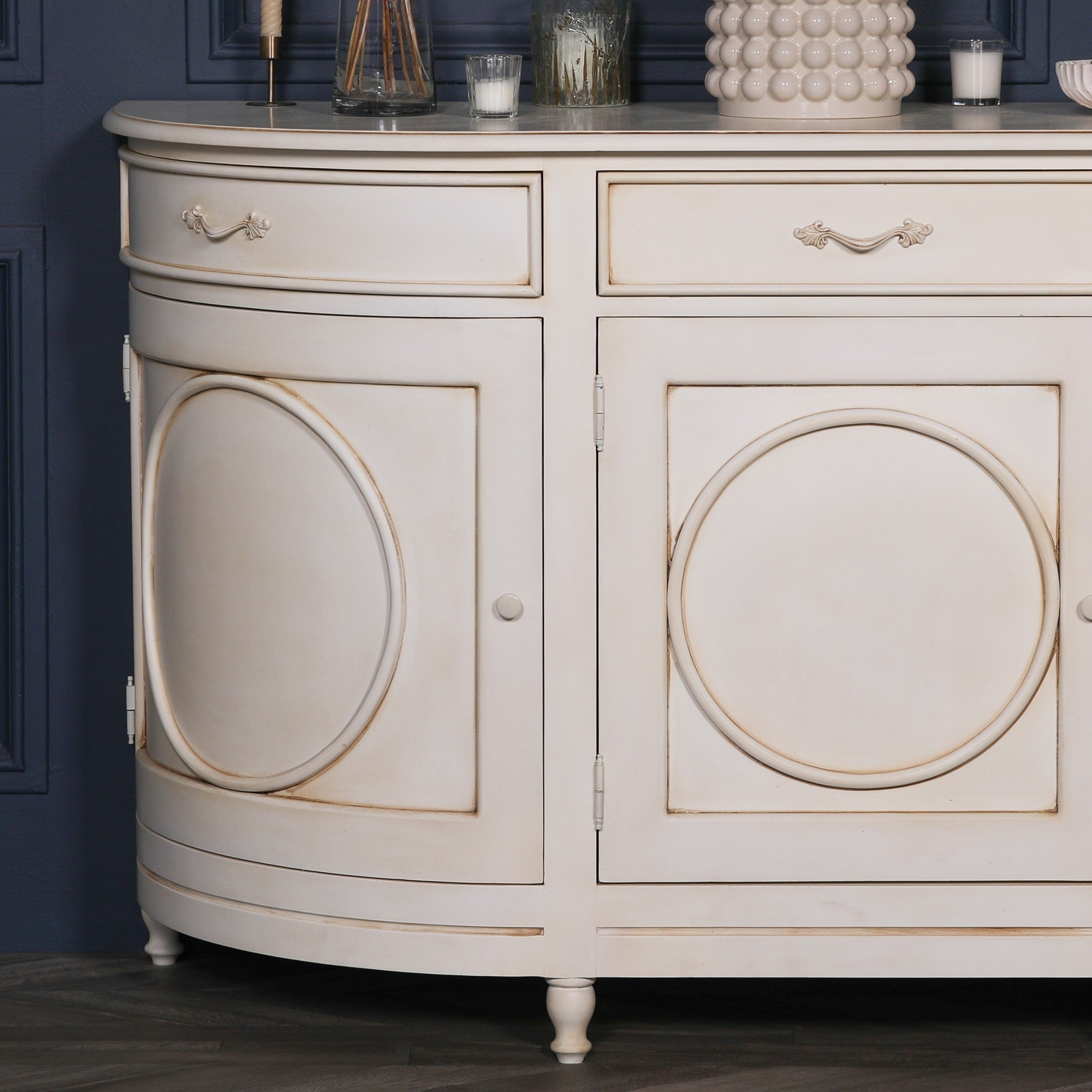Large French Country Style Aged Ivory Colour Mahogany Wood Sideboard