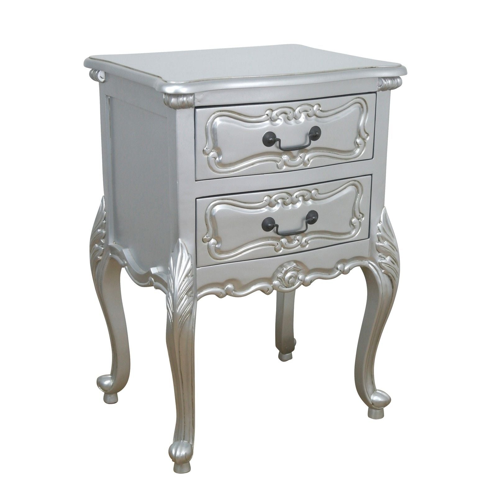 French Rococo Style Silver Colour 2 Drawer Carved Bedside Table