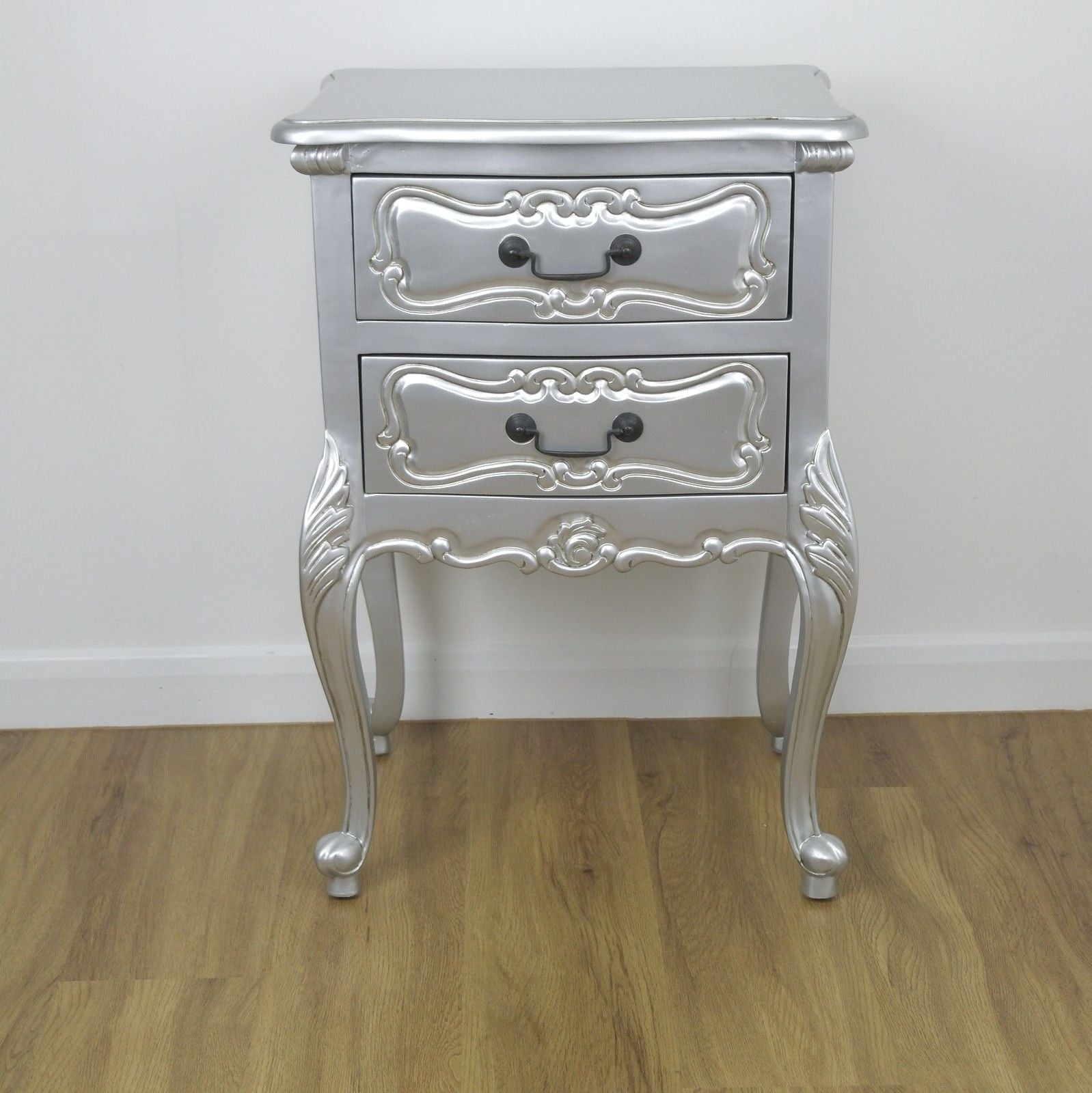 French Rococo Style Silver Colour 2 Drawer Carved Bedside Table