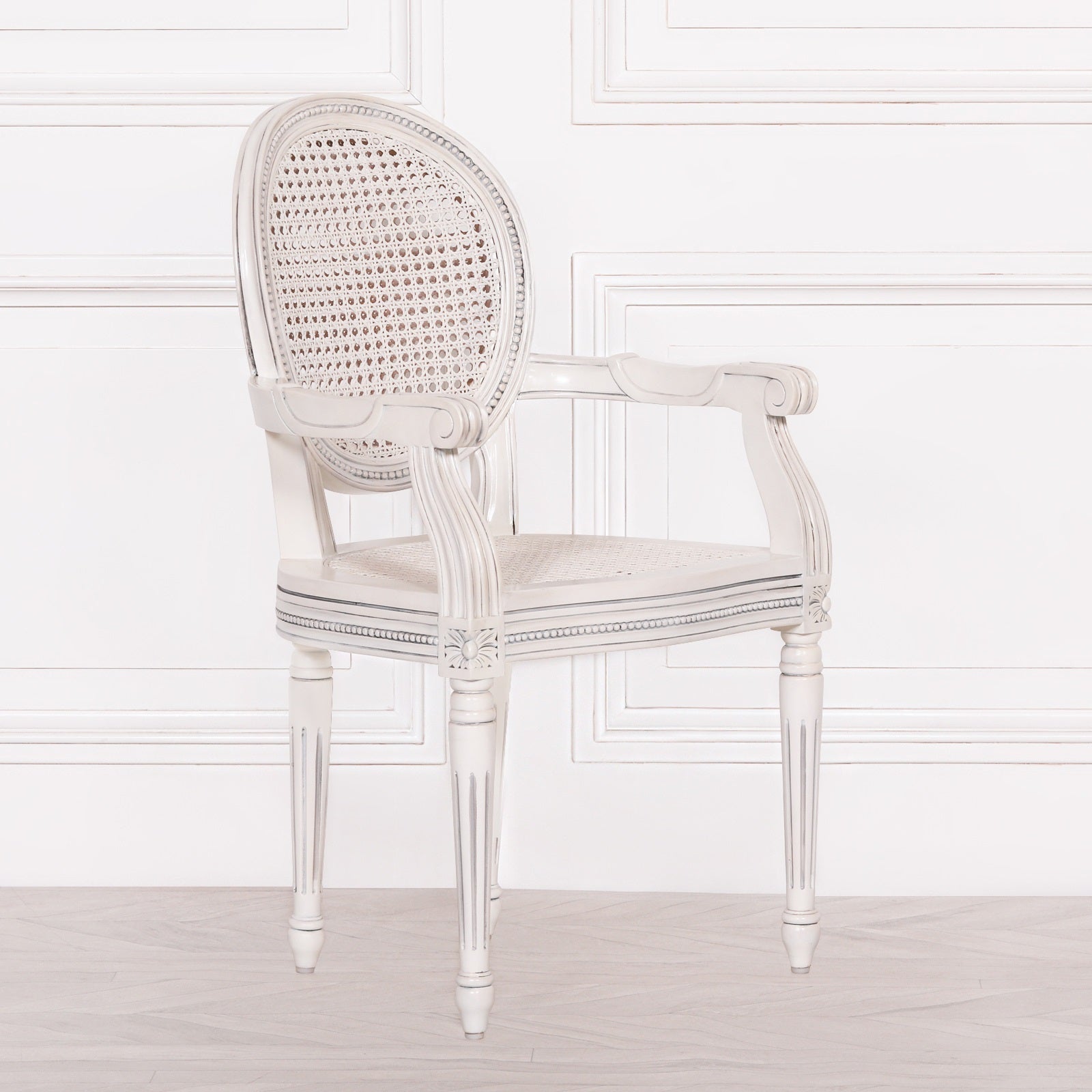 French Rococo Style White Rattan Mahogany Wood Dining or Bedroom Armchair