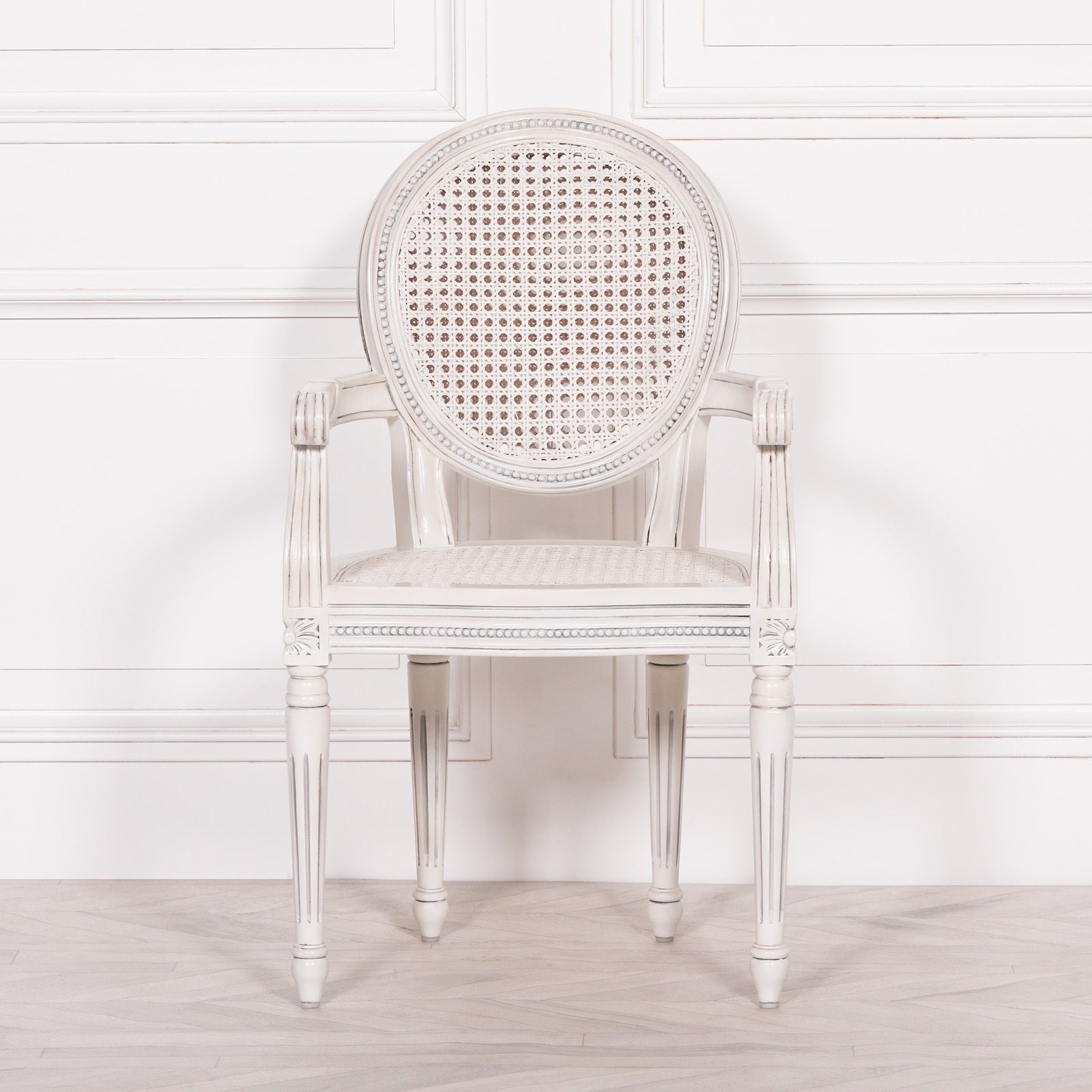 French Rococo Style White Rattan Mahogany Wood Dining or Bedroom Armchair
