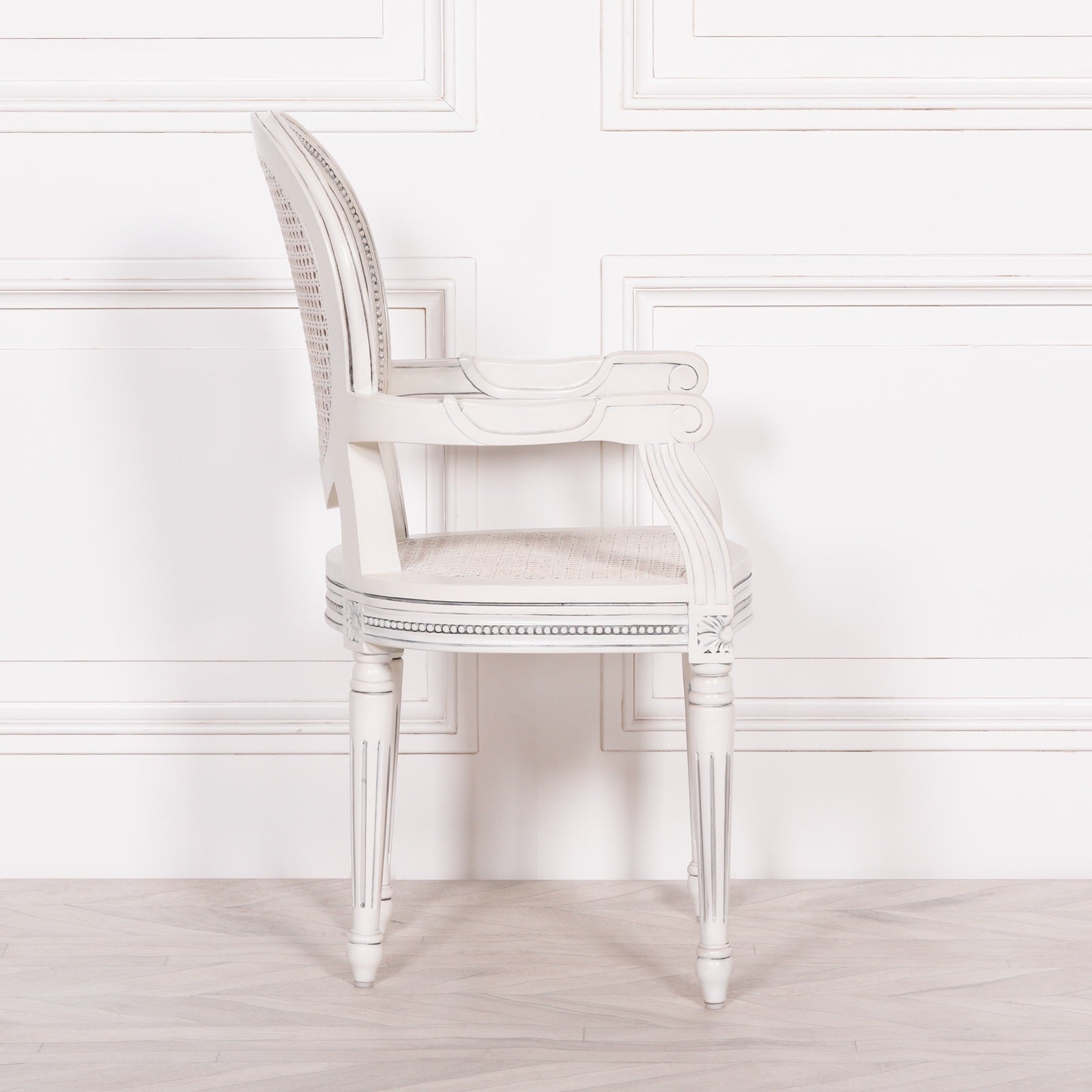 French Rococo Style White Rattan Mahogany Wood Dining or Bedroom Armchair