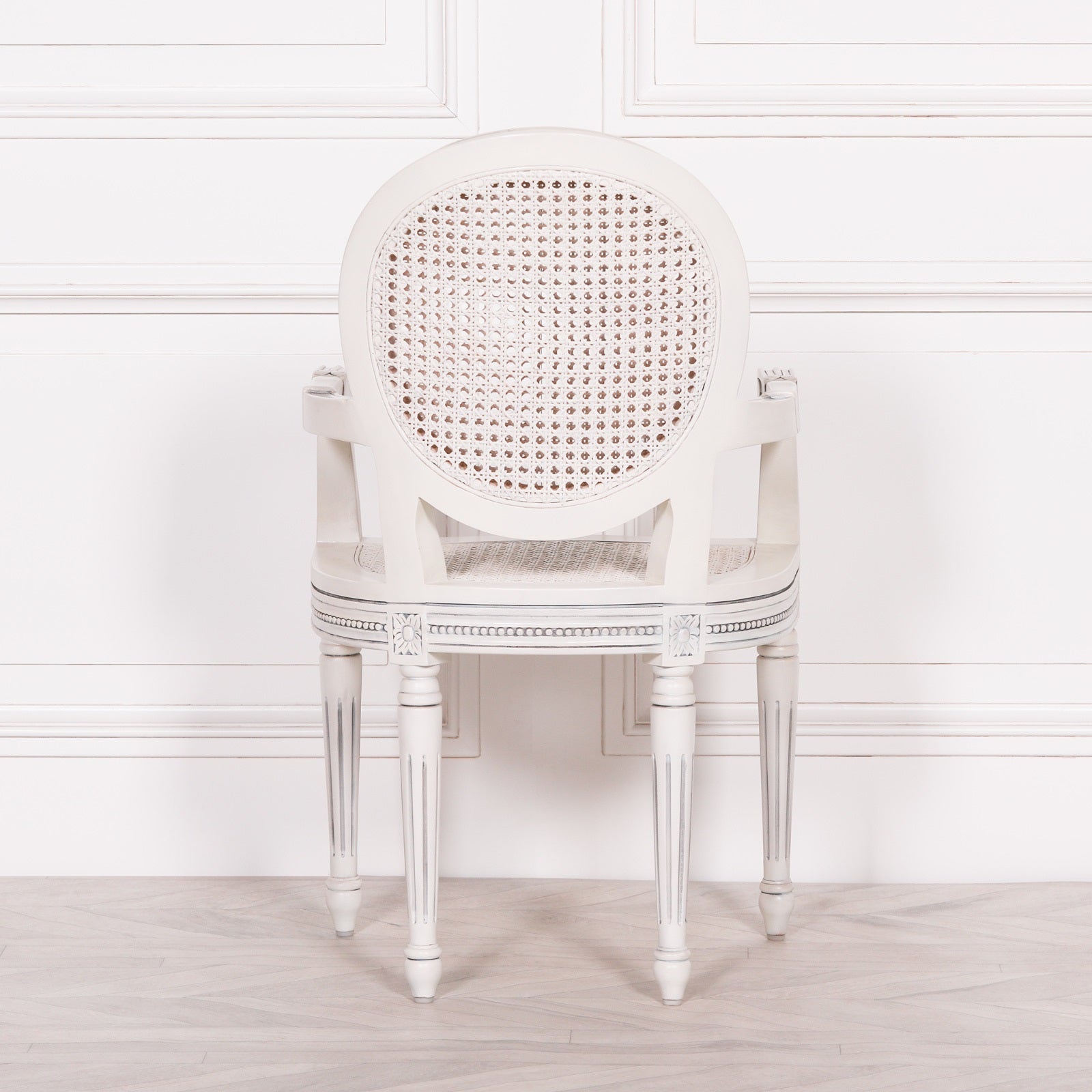 French Rococo Style White Rattan Mahogany Wood Dining or Bedroom Armchair