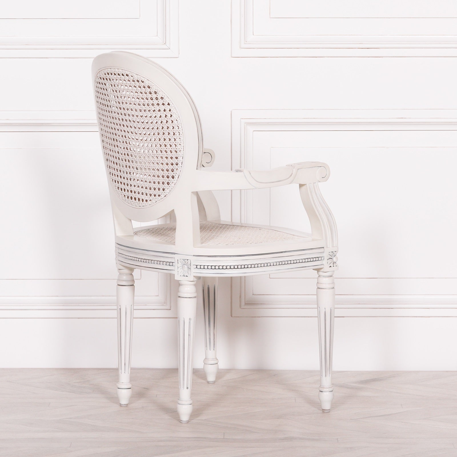 French Rococo Style White Rattan Mahogany Wood Dining or Bedroom Armchair