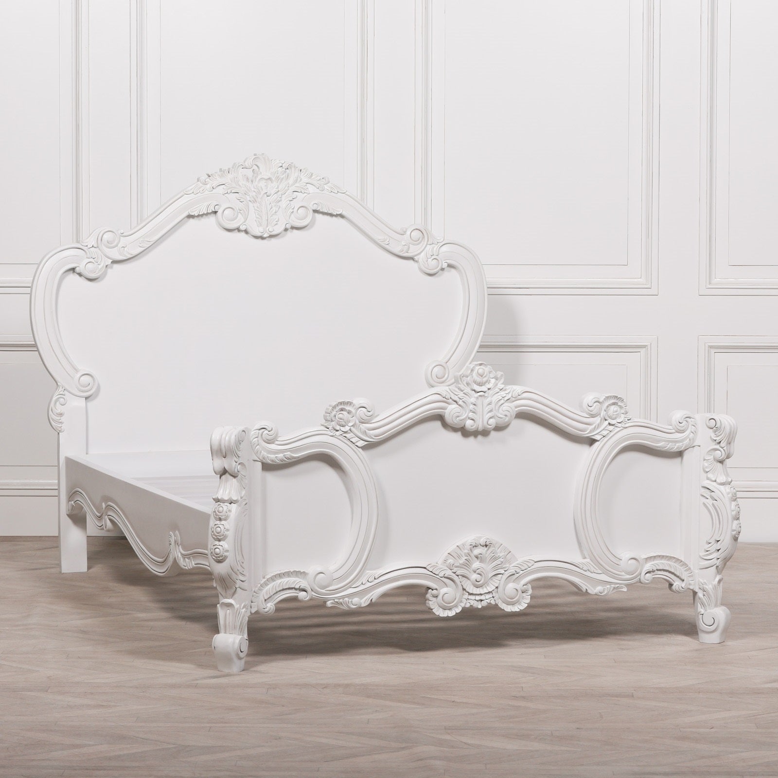 French Shabby Chic Style Carved Rose Cherub Double Size 4ft6 Bed in White Colour
