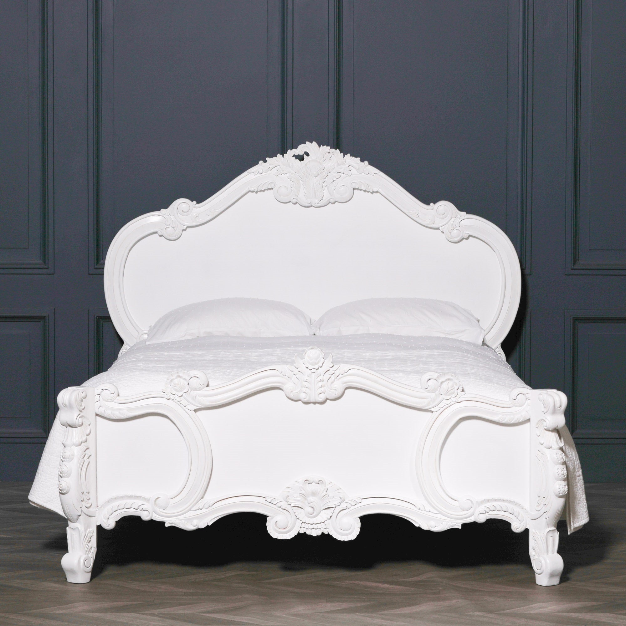 French Shabby Chic Style Carved Rose Cherub King Size 5ft Bed in White Colour