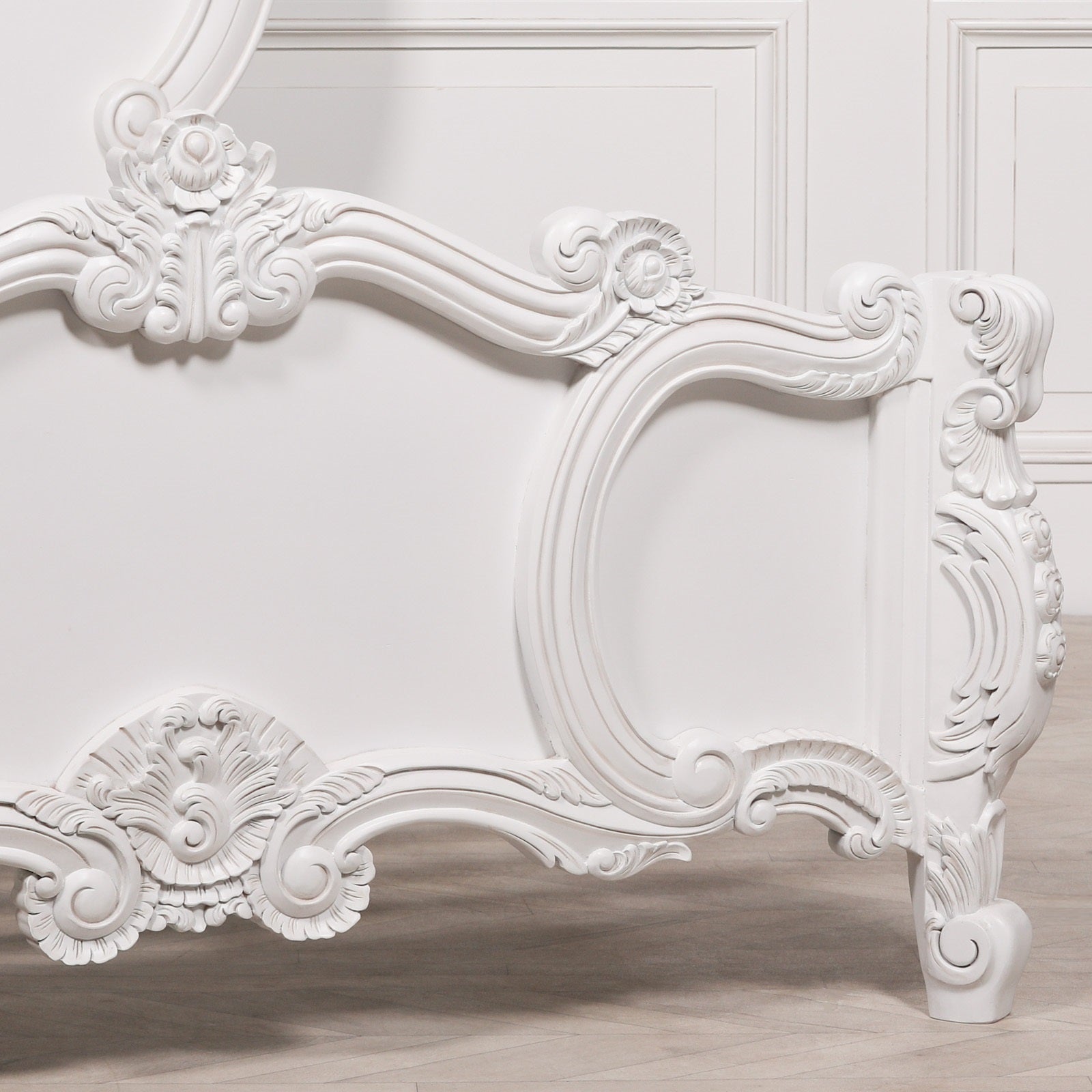 French Shabby Chic Style Carved Rose Cherub King Size 5ft Bed in White Colour