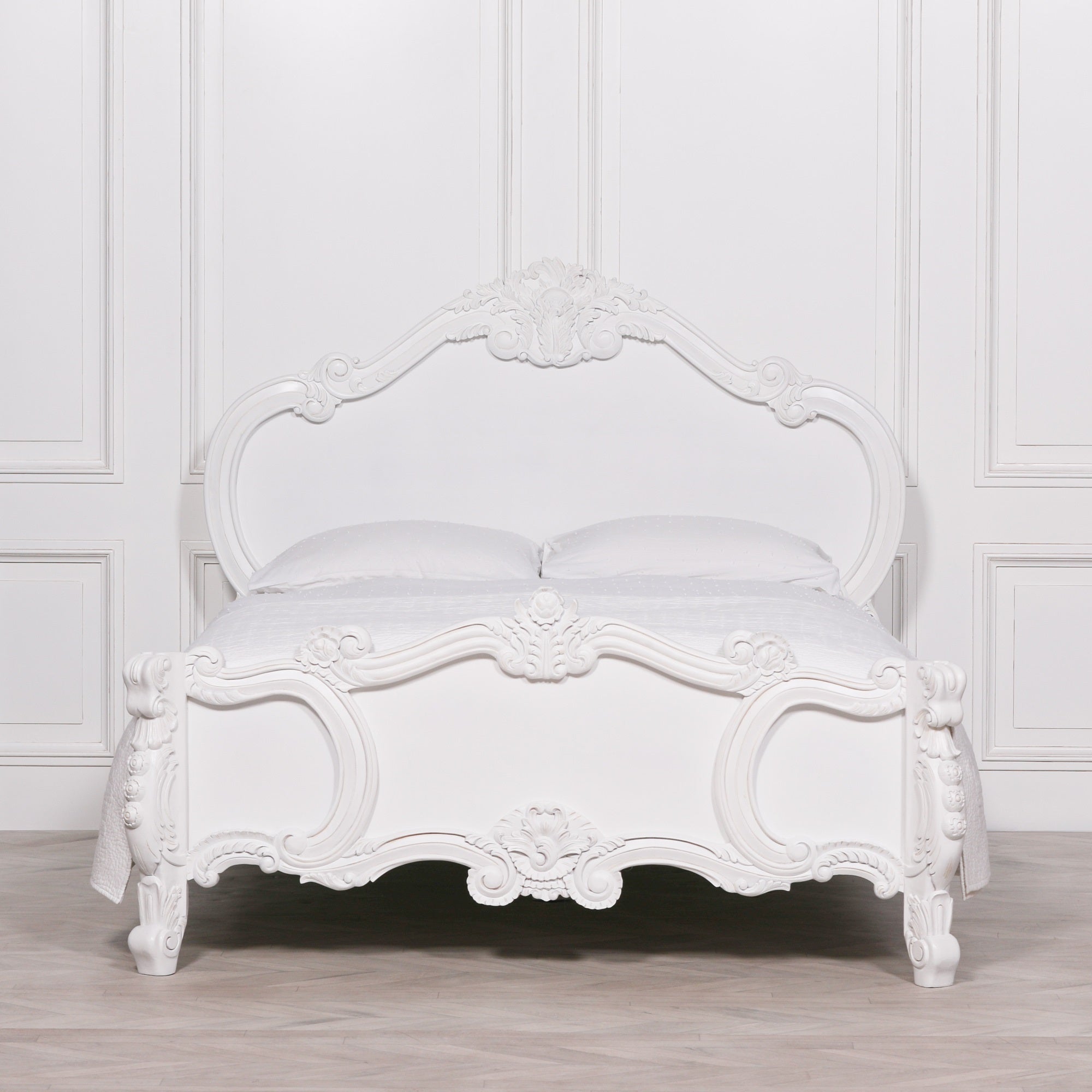 French Shabby Chic Style Carved Rose Cherub King Size 5ft Bed in White Colour