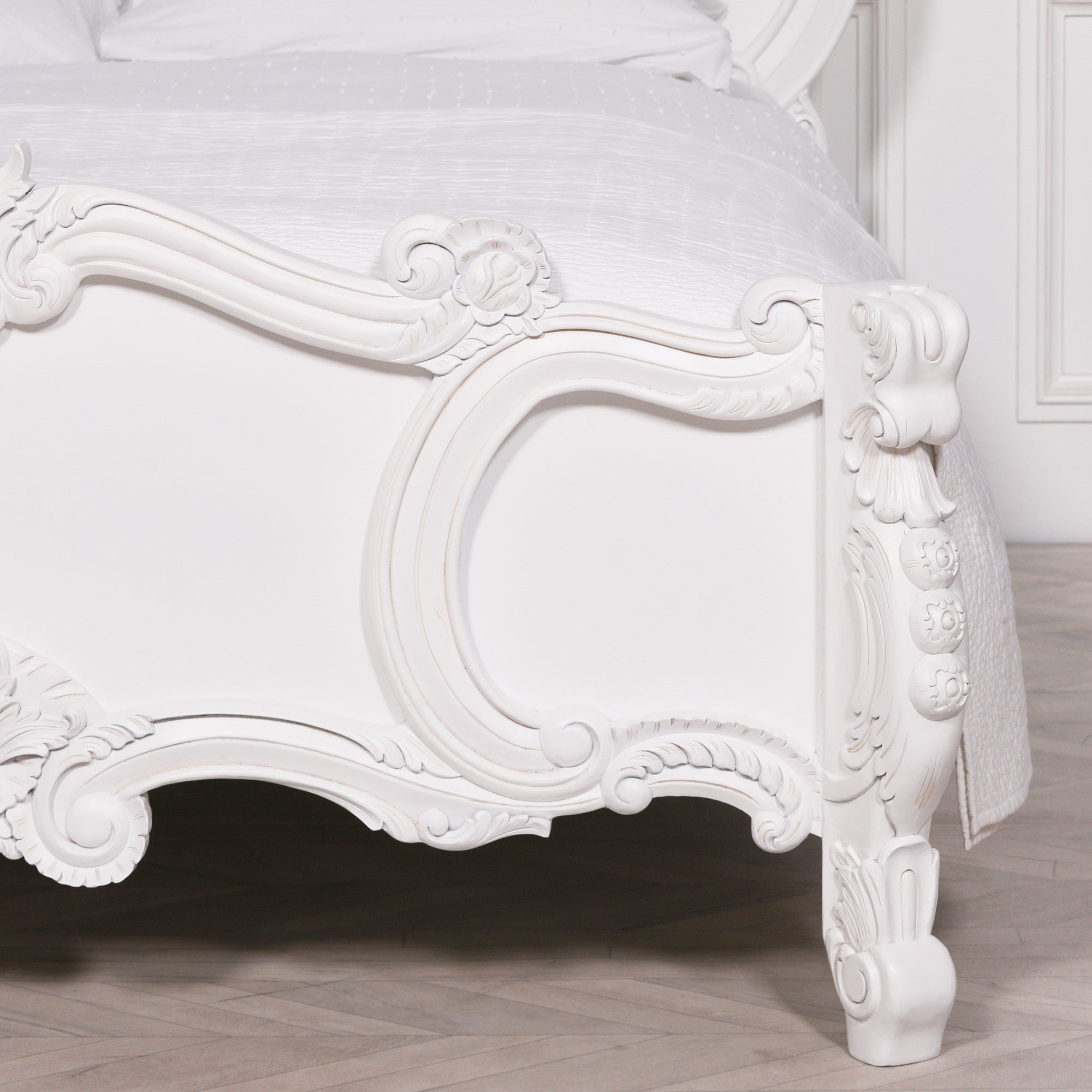 French Shabby Chic Style Carved Rose Cherub King Size 5ft Bed in White Colour