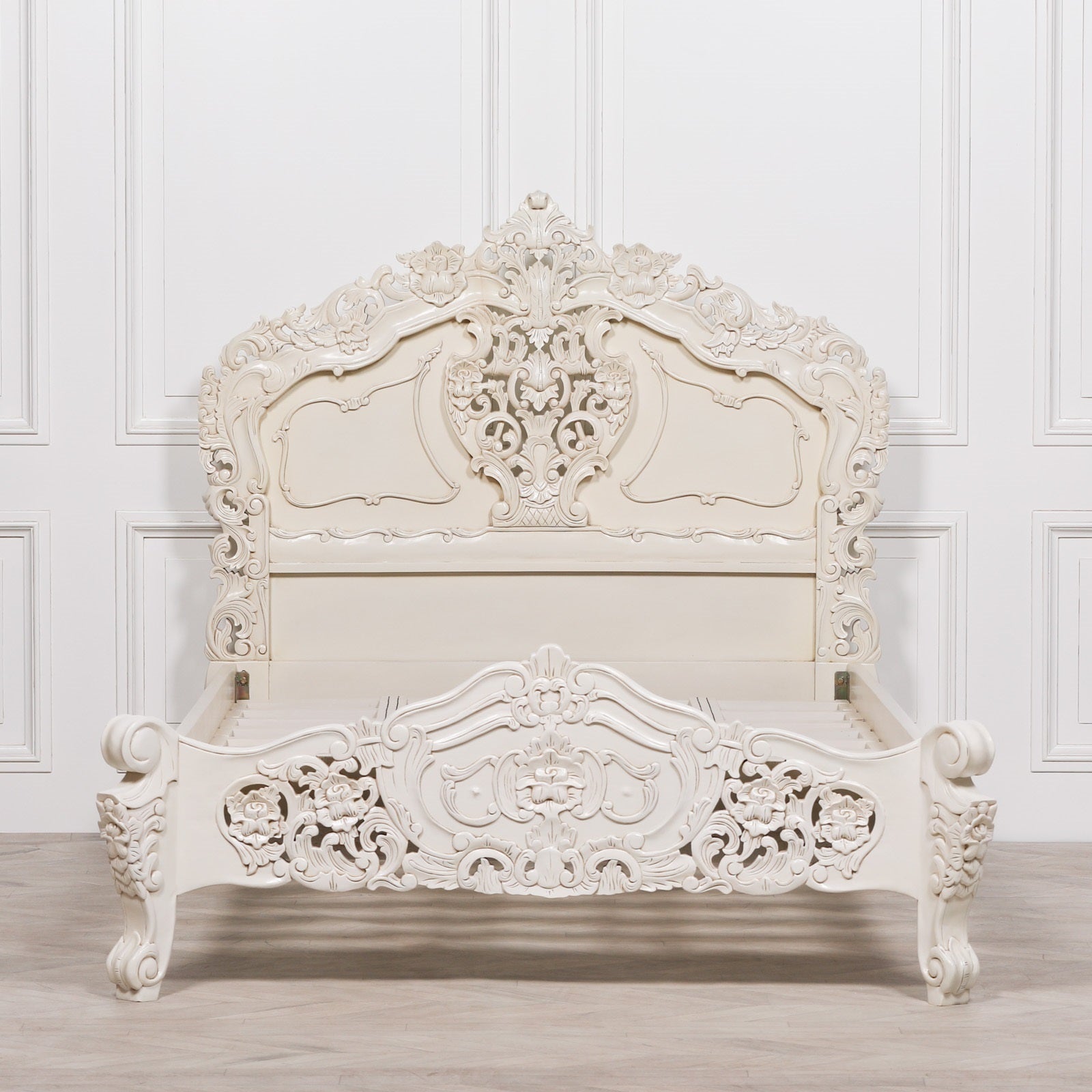 Rococo Style Carved 4ft6 Double Size Mahogany Wood White Colour Painted Bed