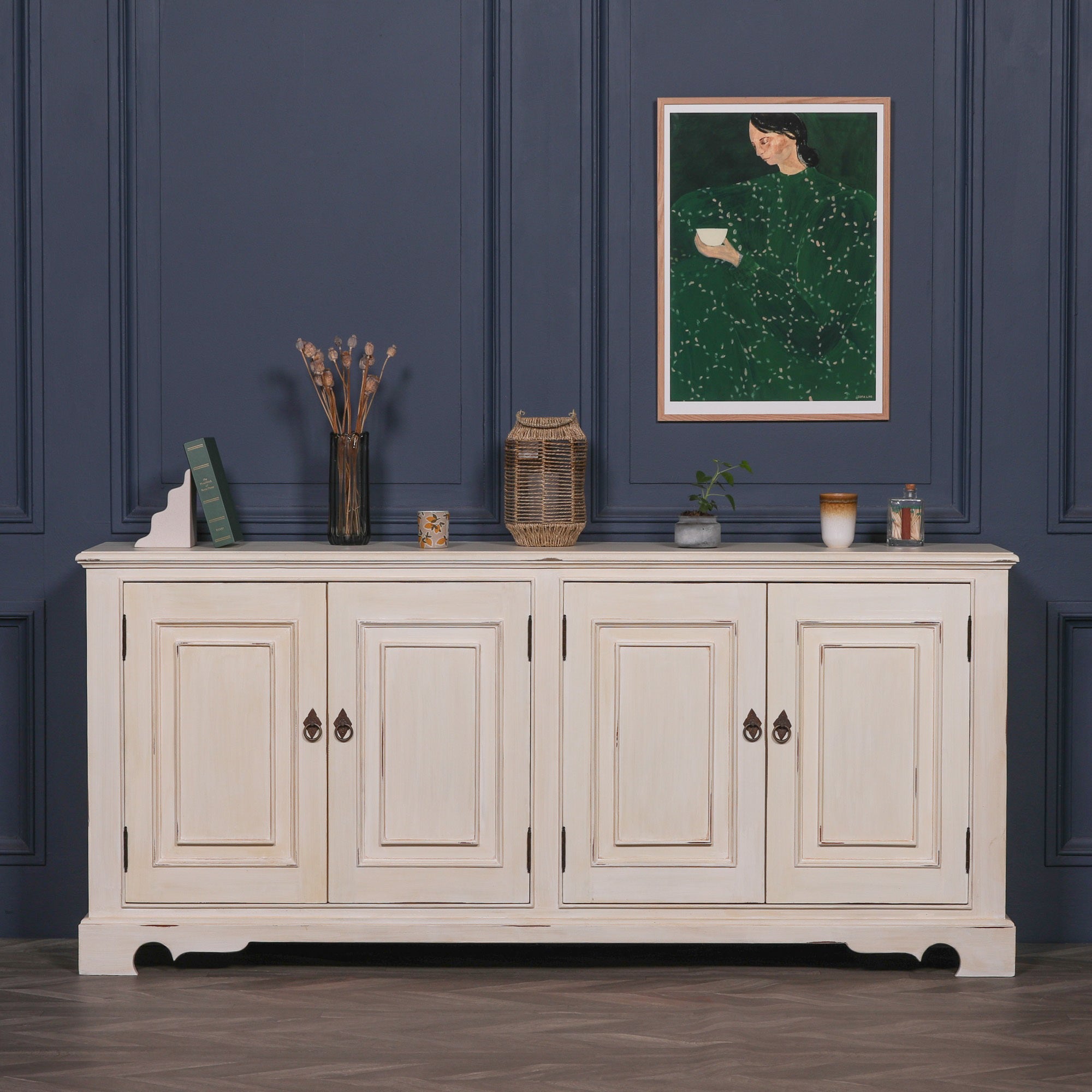 Classical Country Style Large Brush Distressed Effect Painted White Cabinet Sideboard