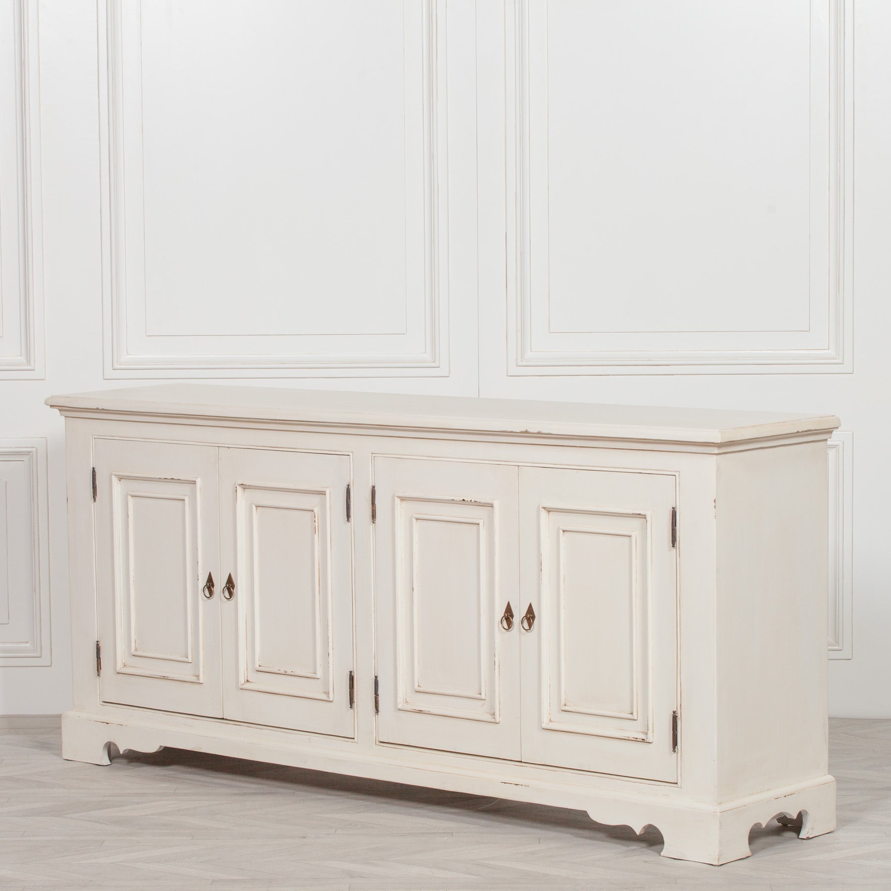 Classical Country Style Large Brush Distressed Effect Painted White Cabinet Sideboard