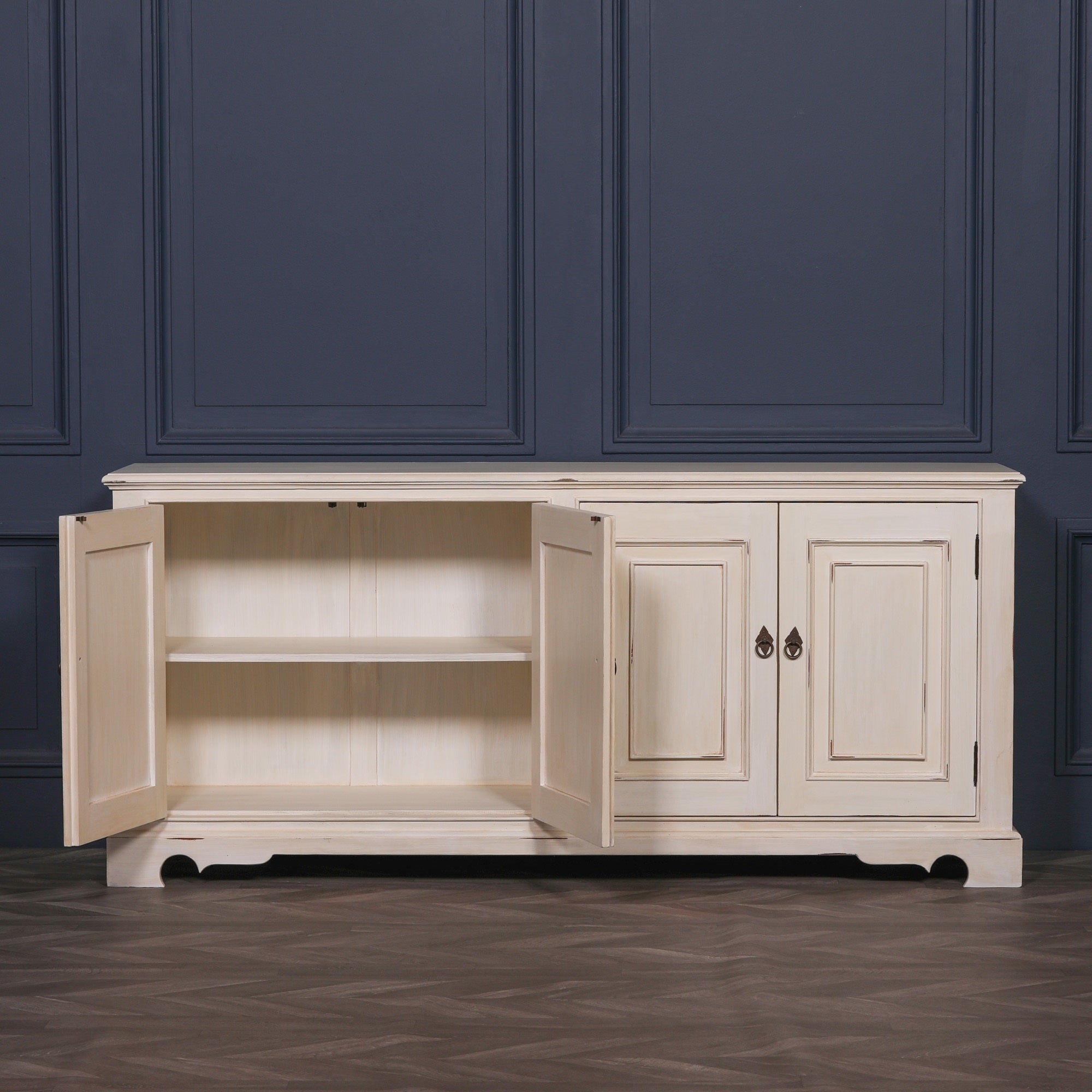 Classical Country Style Large Brush Distressed Effect Painted White Cabinet Sideboard