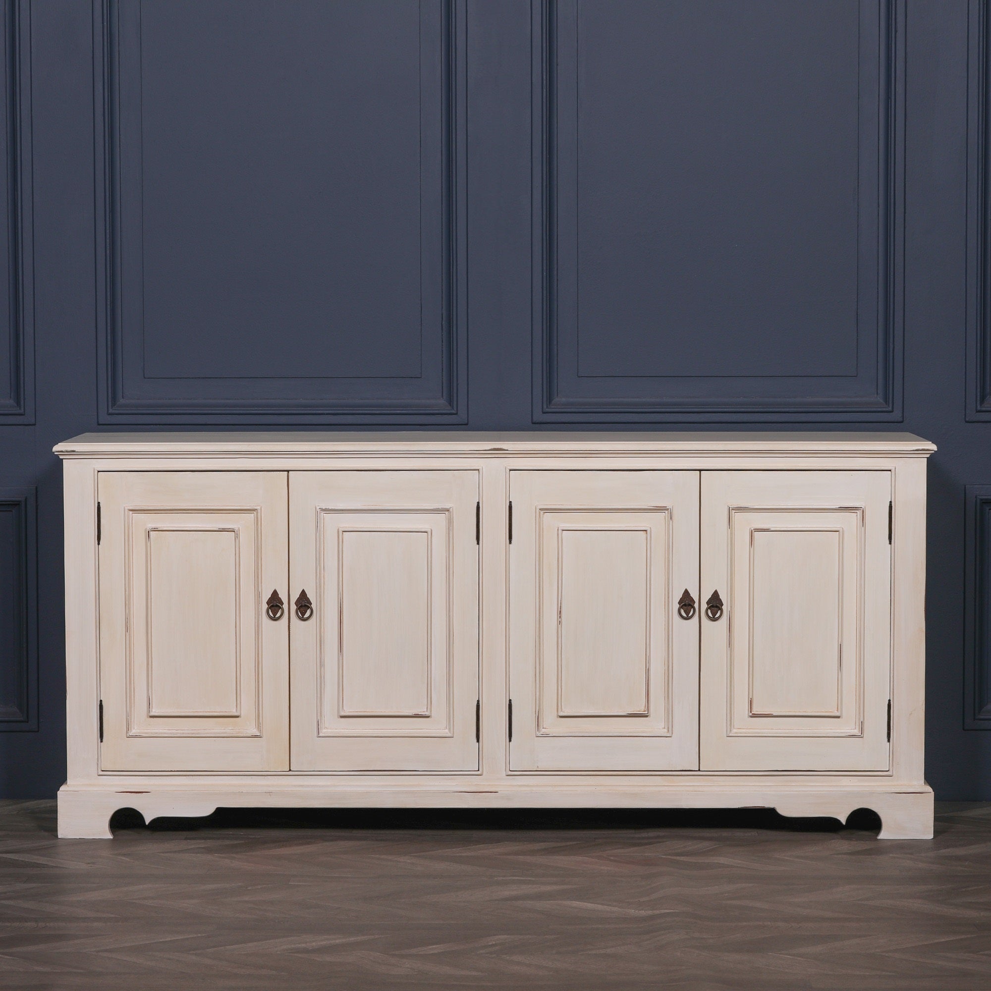Classical Country Style Large Brush Distressed Effect Painted White Cabinet Sideboard