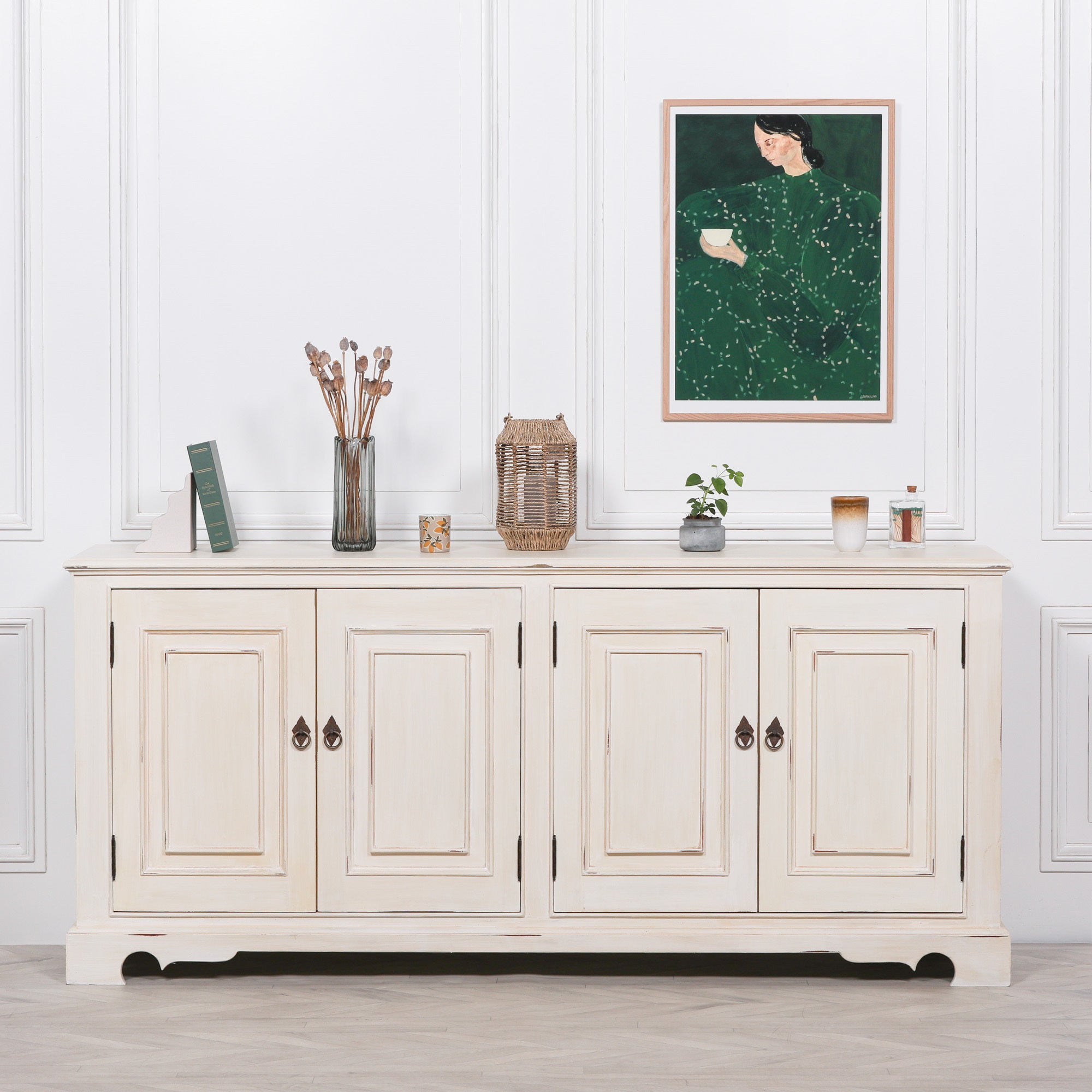 Classical Country Style Large Brush Distressed Effect Painted White Cabinet Sideboard